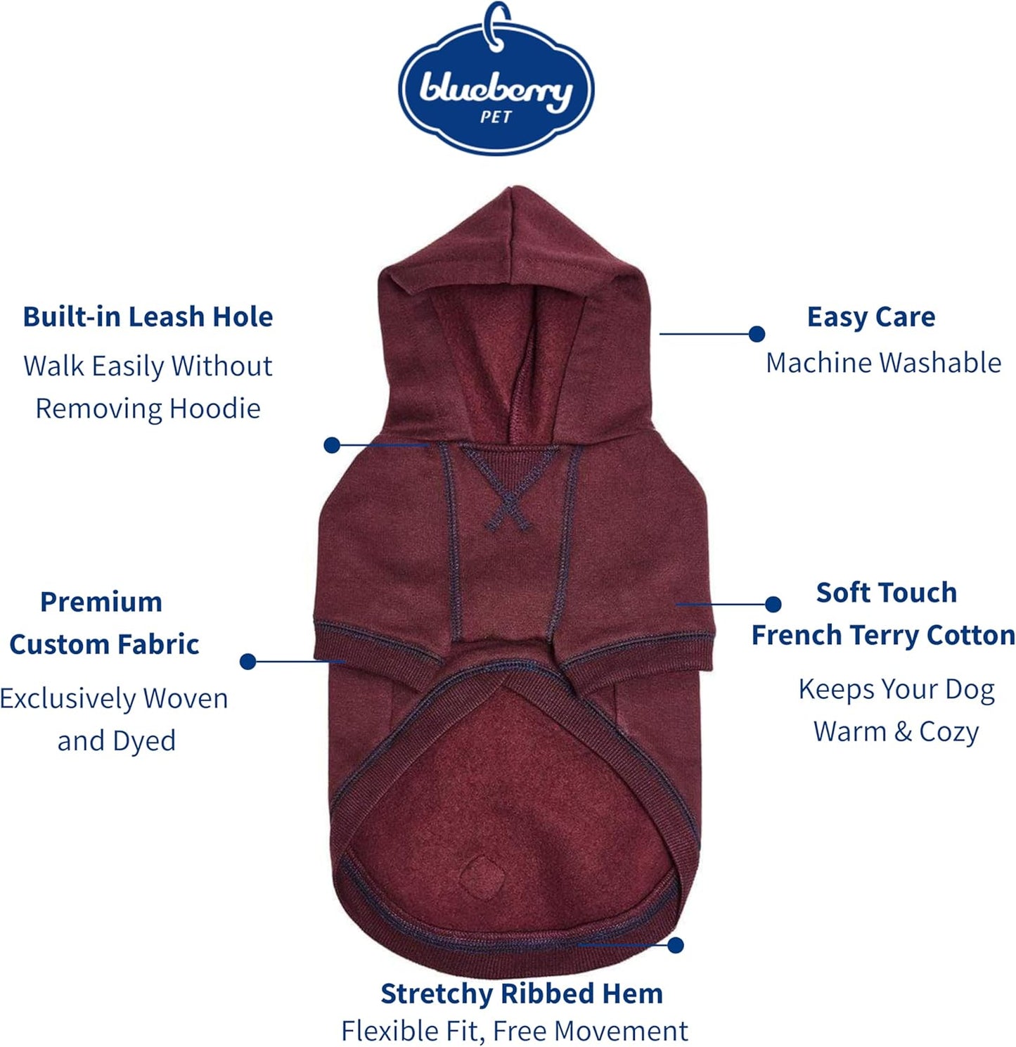 Blueberry Pet Essentials Hoodie – 20″ Cotton-Blend Sweatshirt with Hood, Burgundy Red, Machine-Washable Small-Dog Jersey