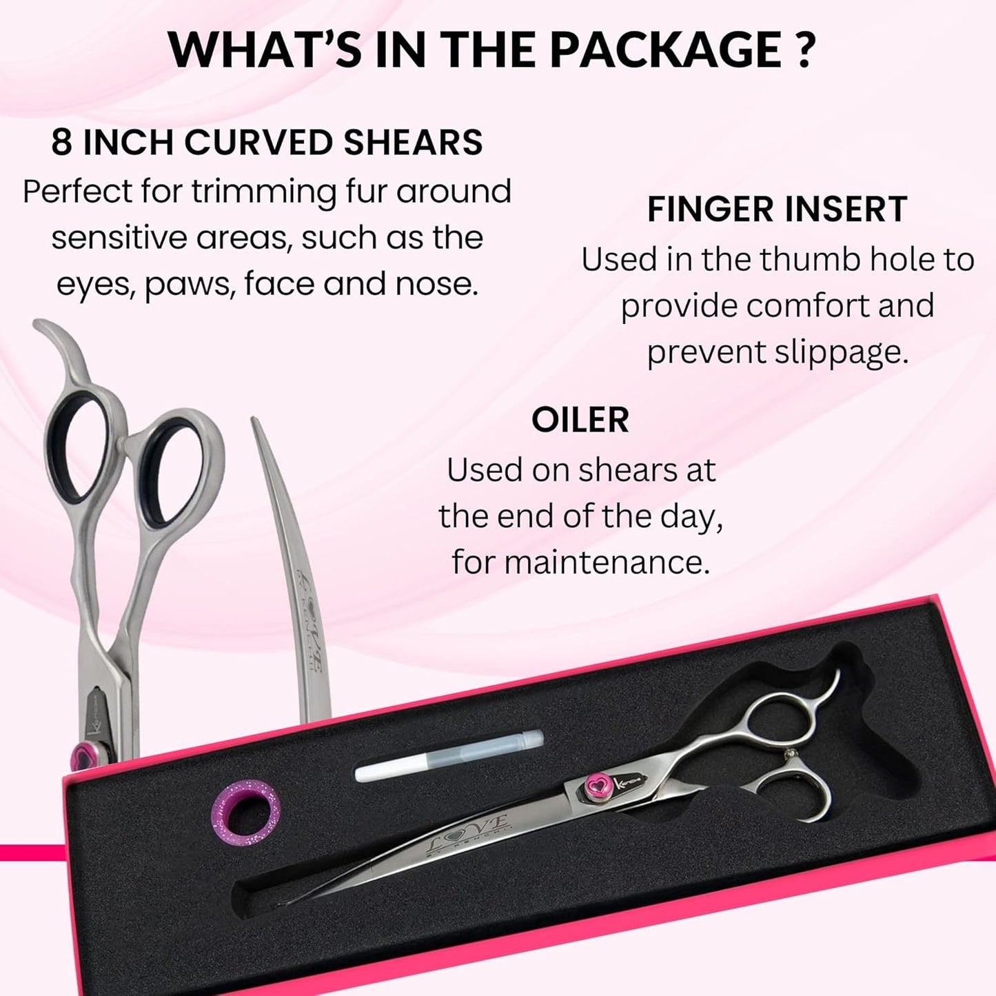 Kenchii Love Left Handed Dog Grooming Scissors, 8 Inch Curved Shears, Dog Scissors for Grooming, Professional Pet Grooming Scissors, Ergonomic & Comfortable