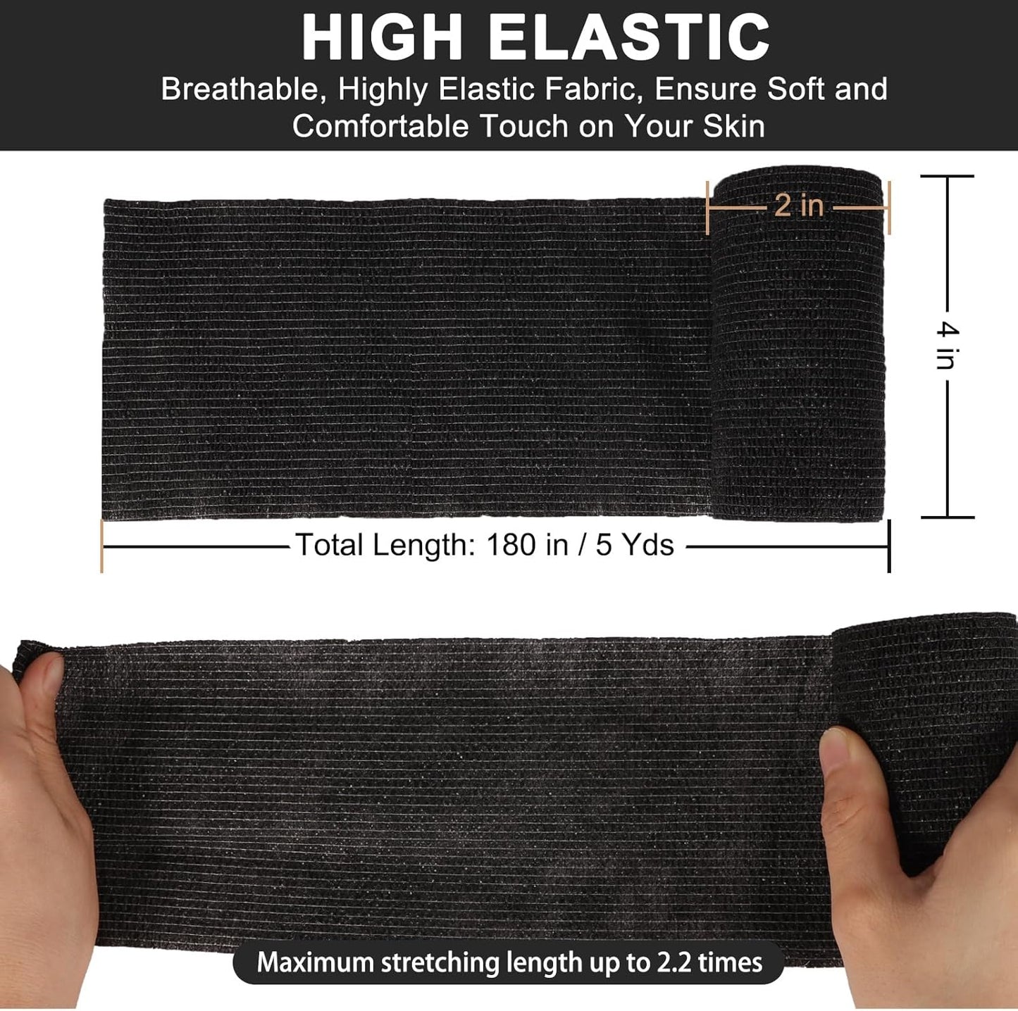 24 Pack Self Adhesive Bandage Wrap, 4” x 5 Yards Cohesive Medical Tape Elastic Grip Tape Black Sports Tape Athletic for Ankle, Wrist Sprains, Pet First Aid (Black, 4 Inch)