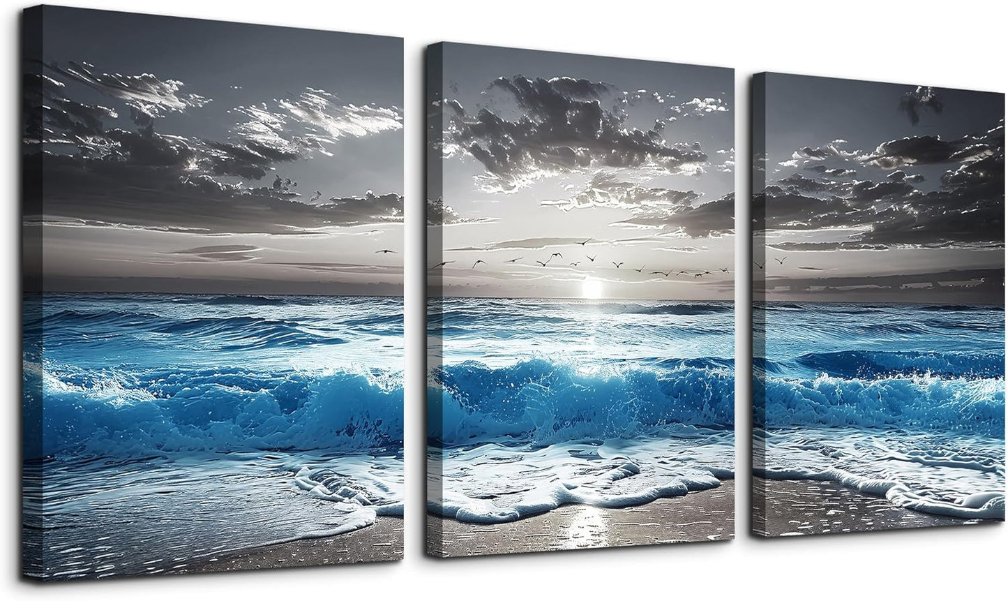 TTHYUEWS Beach Wall Art For Living Room Canvas Wall Decor For Bedroom Office Decorations Blue Sea Wave Paintings Black And White Wall Pictures Artworks Bathroom Canvas Art Modern Home Decor 3 Piece