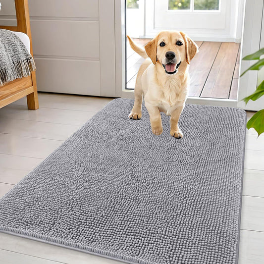 OLANLY Dog Door Mat for Muddy Paws 44x32, Absorbs Moisture and Dirt, Absorbent Non-Slip Washable Doormat, Quick Dry Chenille Mud Mat for Dogs, Entry Indoor Entryway Carpet for Inside Floor, Light Grey