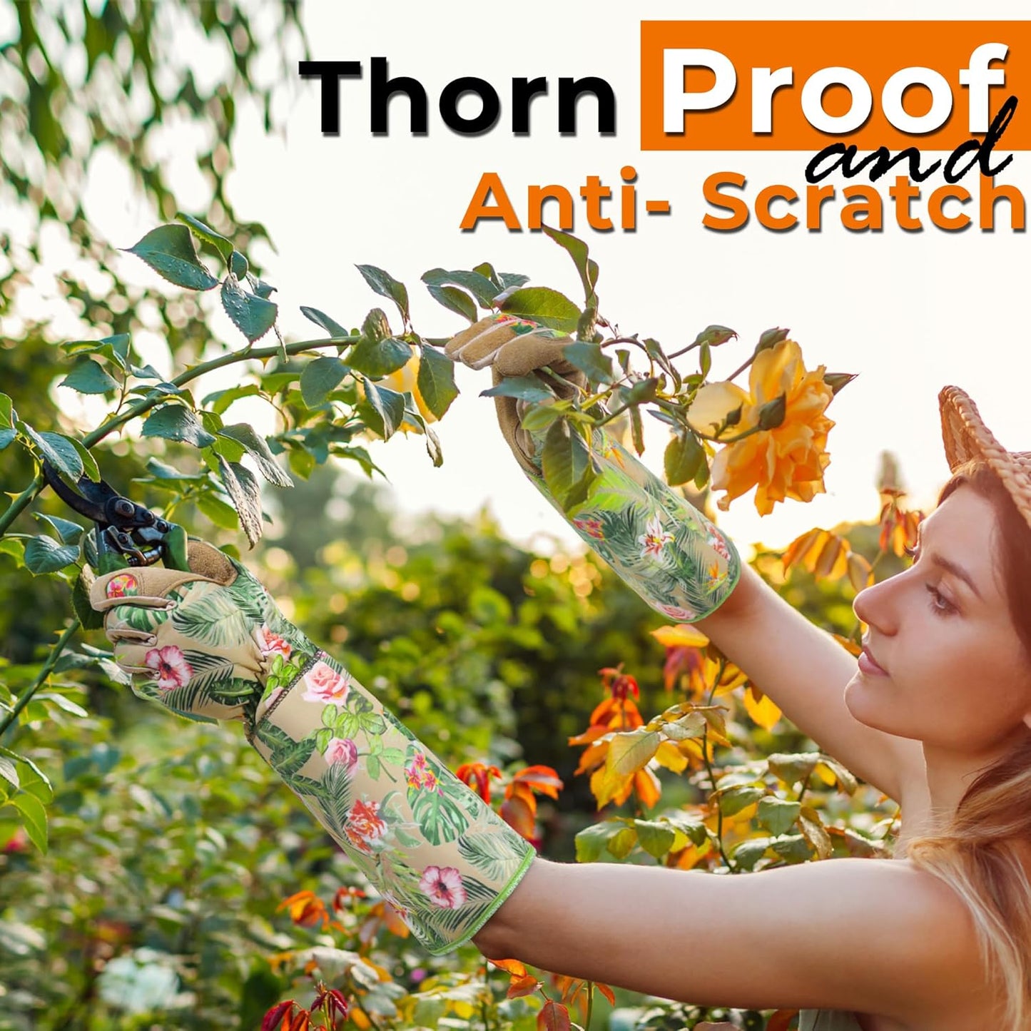 HANDLANDY Leather Gardening Gloves for Women, Thorn Proof Breathable Ladies Rose Pruning Garden Gauntlet Yard Gloves, Gift for Gardeners (Khaki, S)