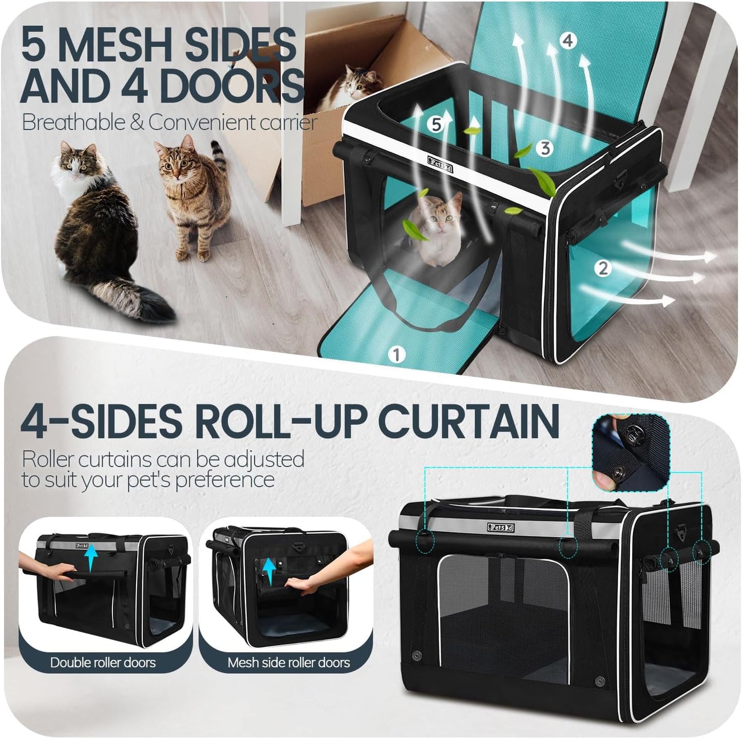 Petskd Extra Large Cat Carrier with Wheels and Litter Box, 24"x17"x17" Rolling Soft Carrier Until 55LBS Pets with 5 Breathable Mesh Windows and Locking Zippers for Long Distance Car Travel(Black)