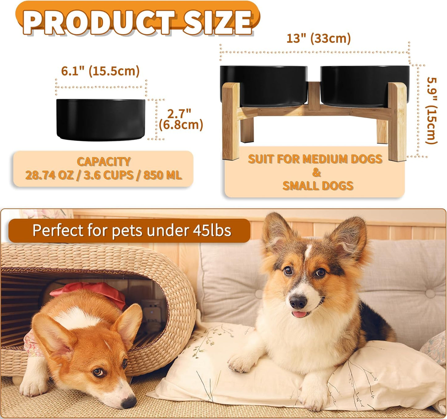 Elevated Ceramic Dog Bowl Set - Raised Dog Bowls with Non-Slip Bamboo Stand - Dog Food and Water Bowl Set - Double Dog Feeding Bowls - Suitable for Small and Medium Dogs - 28.74 OZ - 3.6 CUPS - 850 ML