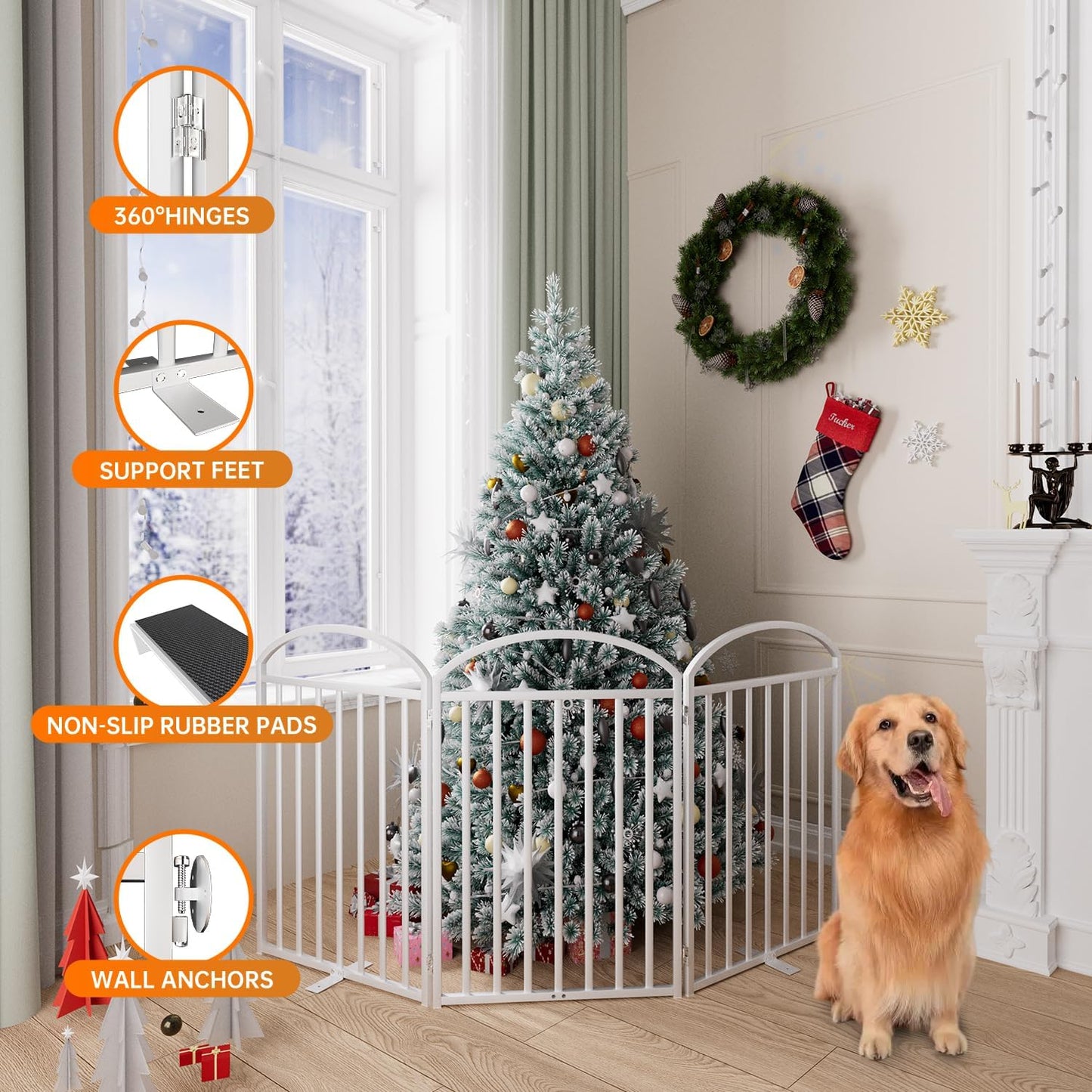 3 Panles Full Matel Freestanding Dog Gates with Door, 72"Extra Wide 32"Tall Free Standing Dog Pet Gate for Indoor & Outdoor. Foldable Pet Fences for Doorways, House, Stairs, Porch, Deck, Yard