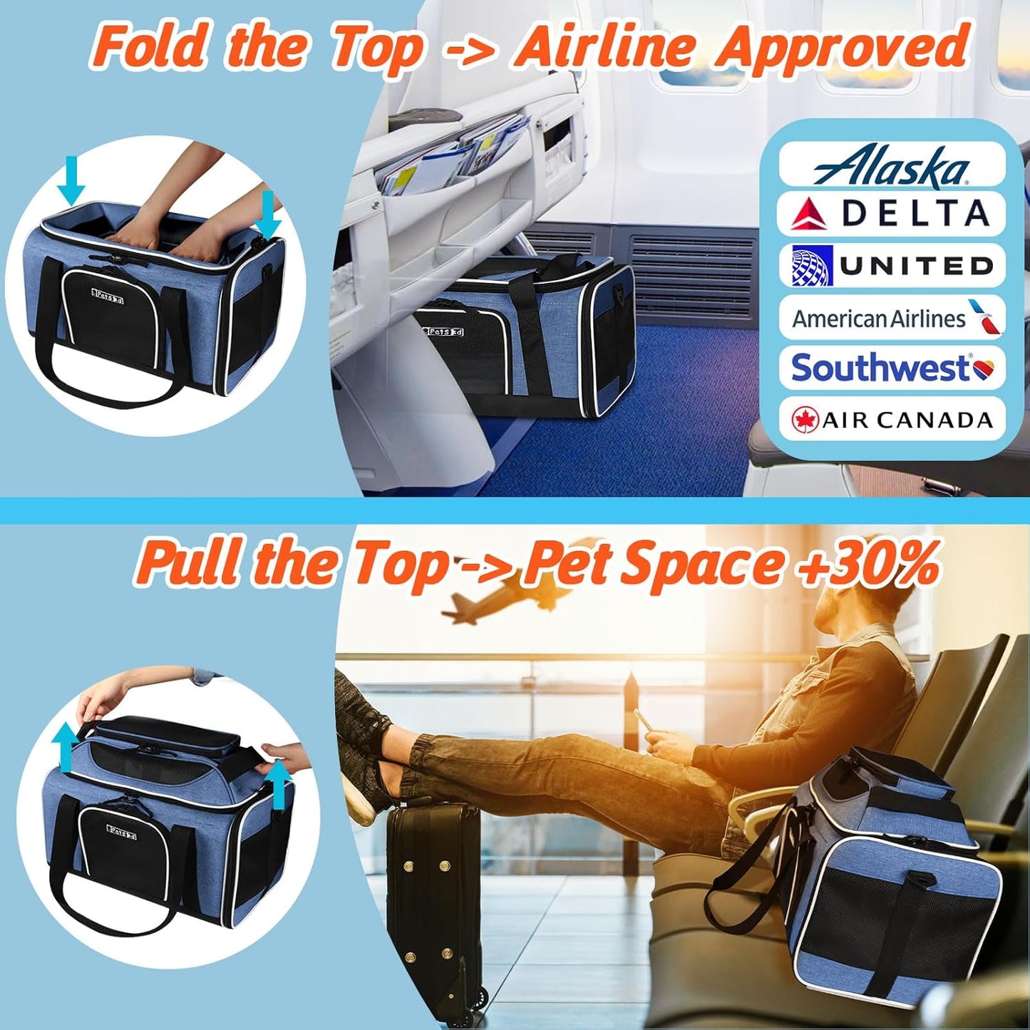 Petskd Top-Expandable Pet Carrier 17x11x9.5 Inches Alaska Airline Approved, Soft-Sided Carrier for Small Cats and Dogs with Locking Safety Zippers and Anti-Scratch Mesh(Blue)