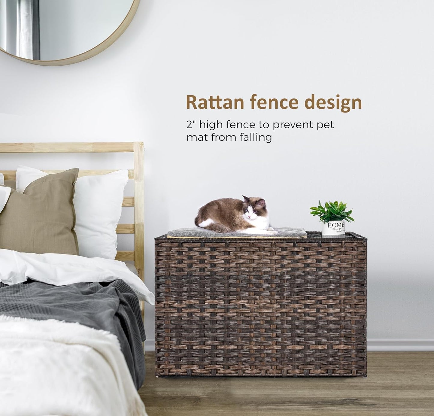 Cat Litter Box Enclosure with Litter Trapping Mat; Handwoven Plastic Rattan Kitten House; No Installation Hidden Cat Washroom; Pet Crate for Balcony,Bedroom,Living Room