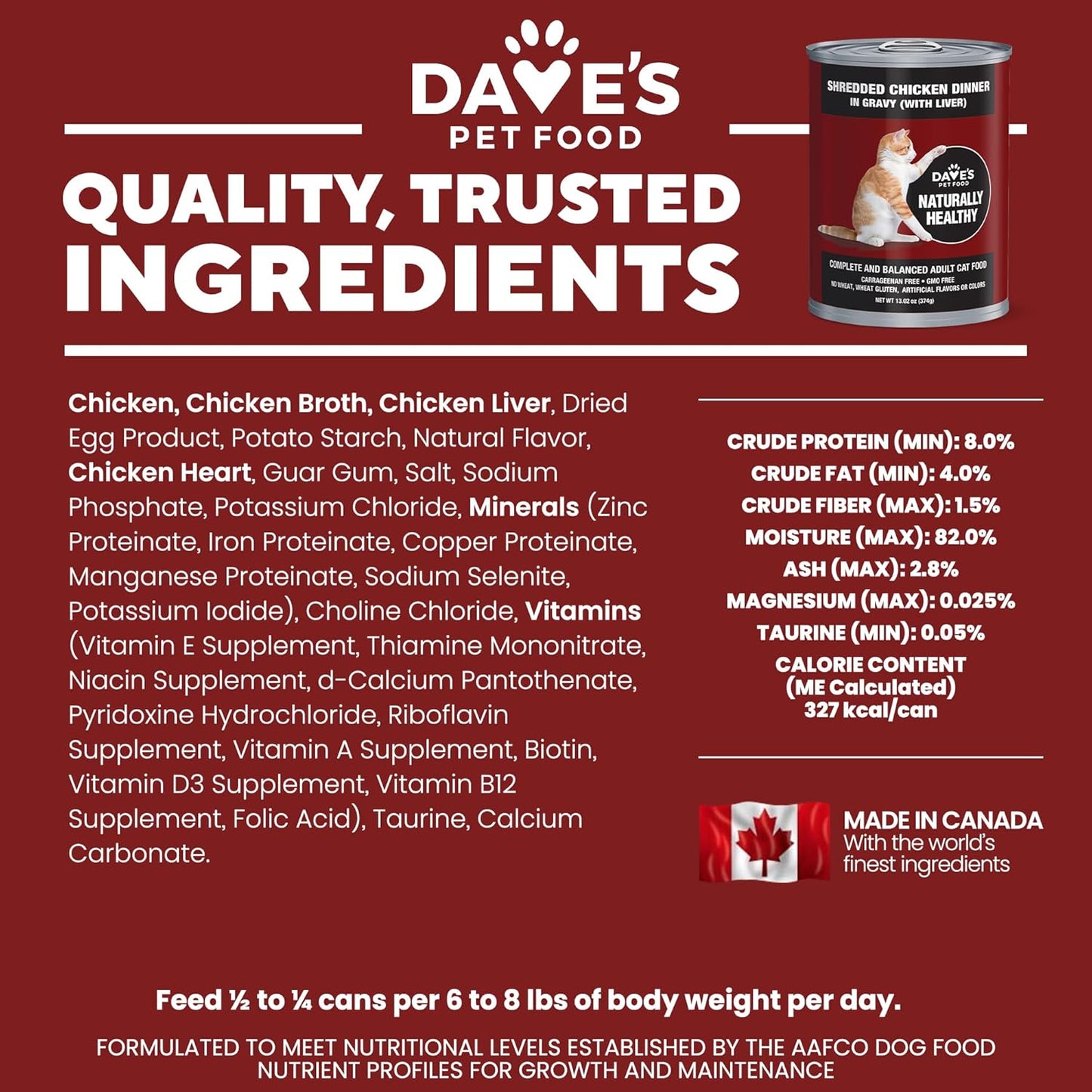 Dave's Pet Food Grain Free Wet Cat Food (Shredded Chicken in Gravy), Made in Canada Naturally Healthy Canned Cat Food, 13.2 oz (12 Pack)