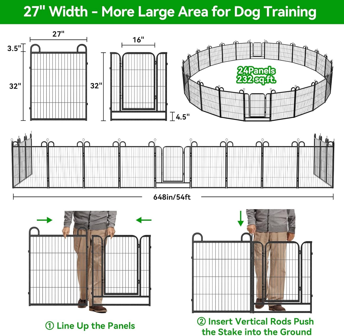 Dog Playpen Outdoor 24 Panels Heavy Duty Dog Fence 32" Height Anti-Rust with Doors Portable for RV Camping Yard, Total 54FT, 227 Sq.ft, Snowy Black