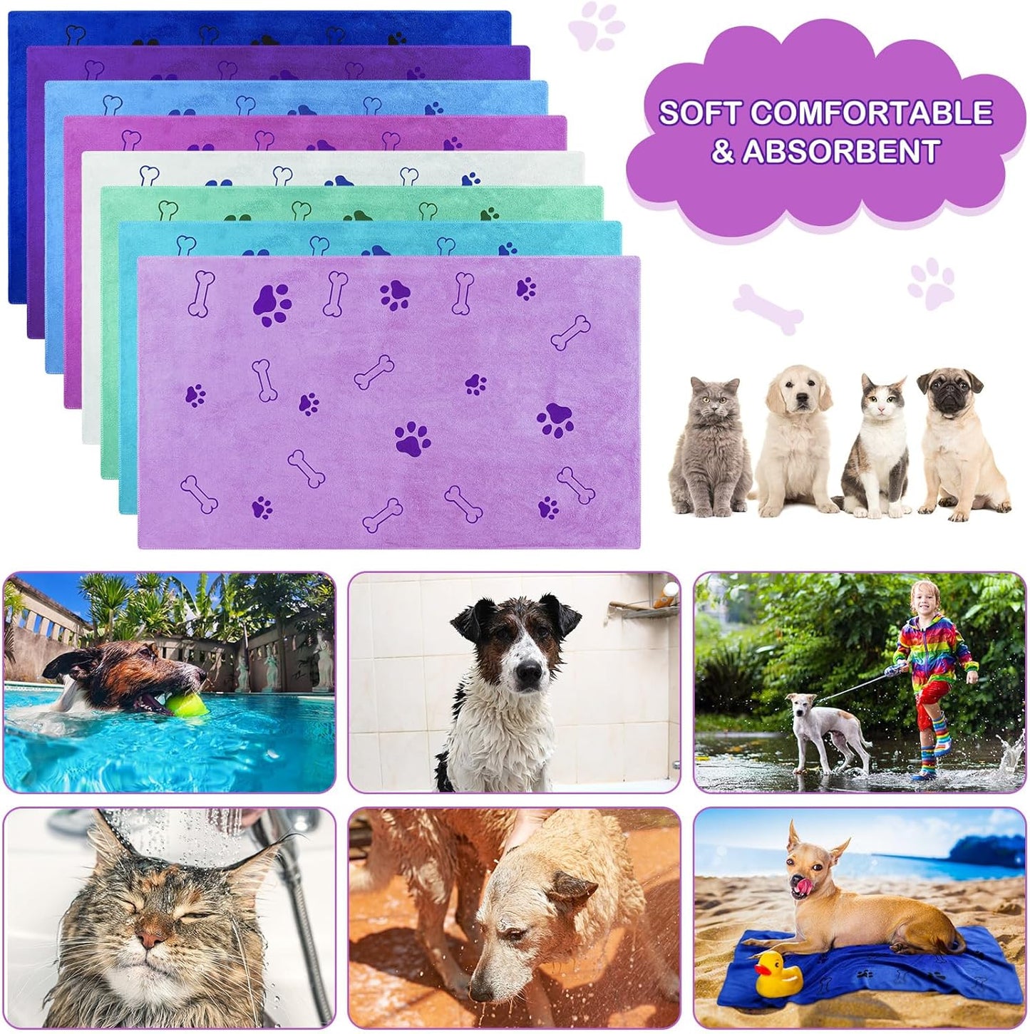 Chumia 8 Pcs Dog Towels for Drying Dogs Cats Pet Towels Bulk Puppy Microfiber Quick Drying Paw Bath Bathing Supplies Absorbent for Medium Pets(Classic Color,55 x 28 Inch)
