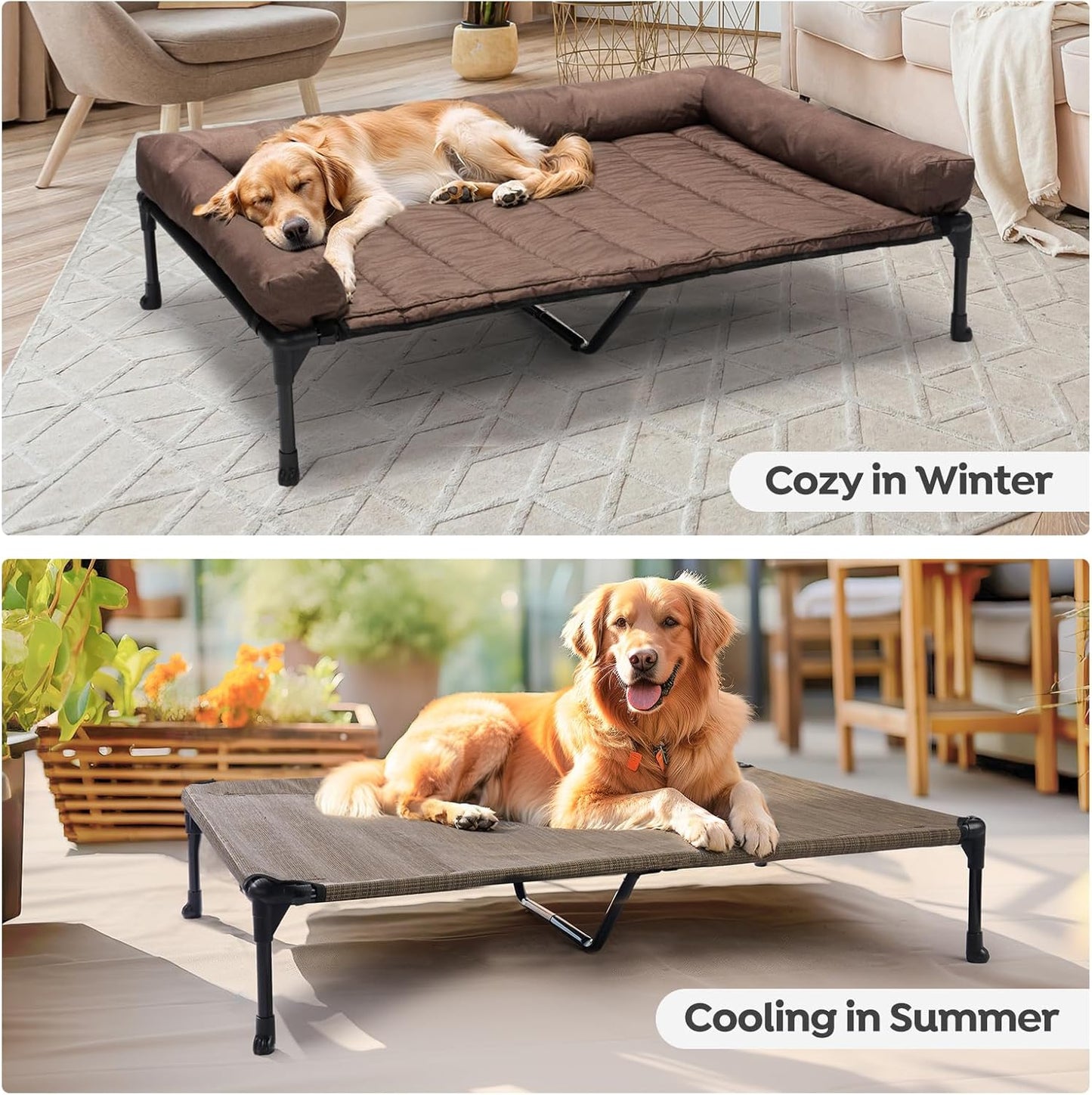 Veehoo Cooling Elevated Dog Bed Add Removable Waterproof Bolster Cushion Mat, Raised Pet Cot with Breathable Teslin Mesh, No-Slip Feet, Dog Sofa Bed for Indoor Outdoor, XXLarge, Brown CWC2331B