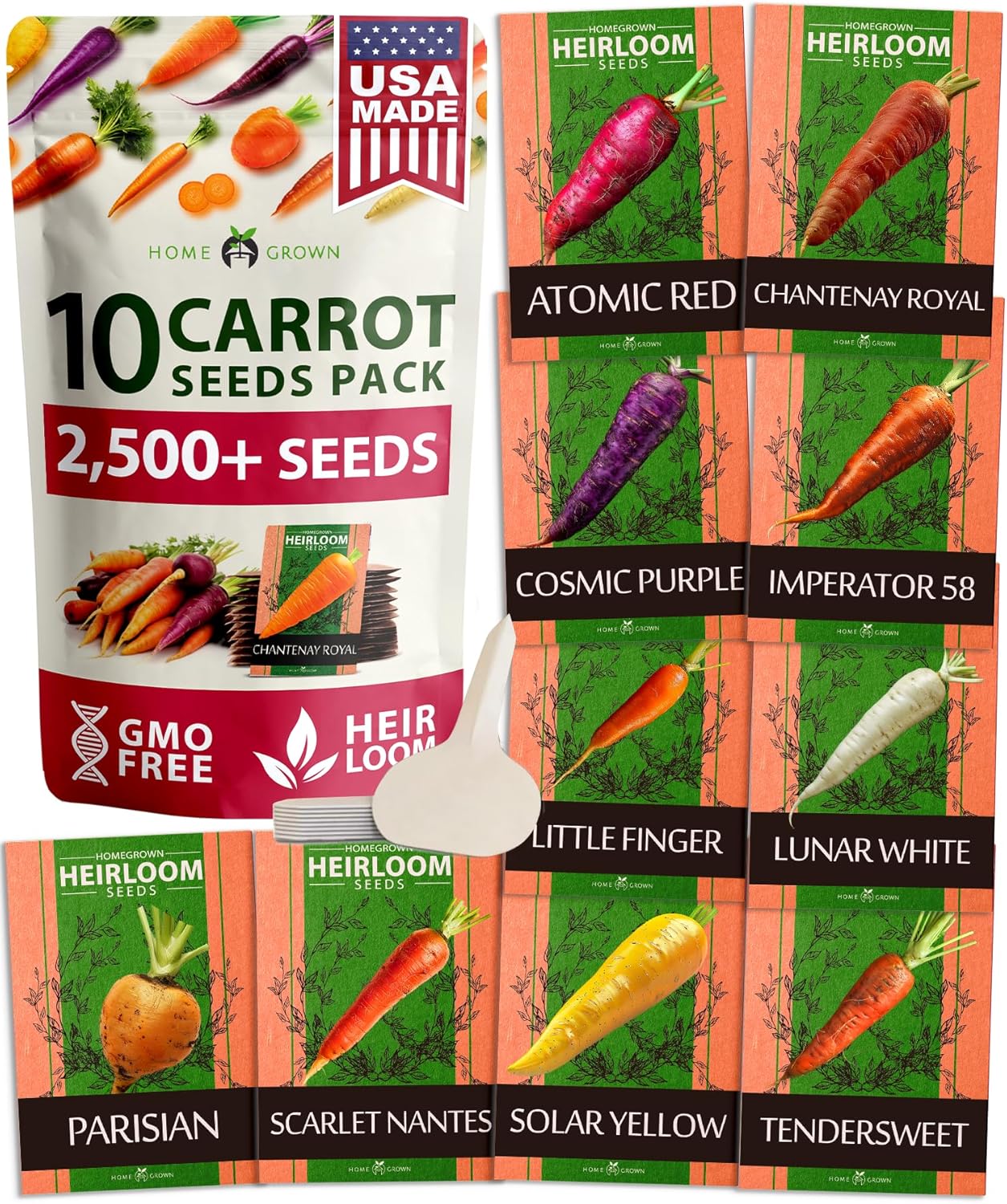 HOME GROWN 𝗨𝗦𝗔 𝗣𝗥𝗘𝗠𝗜𝗨𝗠 Rainbow Carrot Seeds – 2500+ Heirloom Seeds (10 Varieties) – High Germination, 𝗡𝗢𝗡-𝗚𝗠𝗢 Vegetable Seeds for Planting Indoors or Outdoor Home Garden