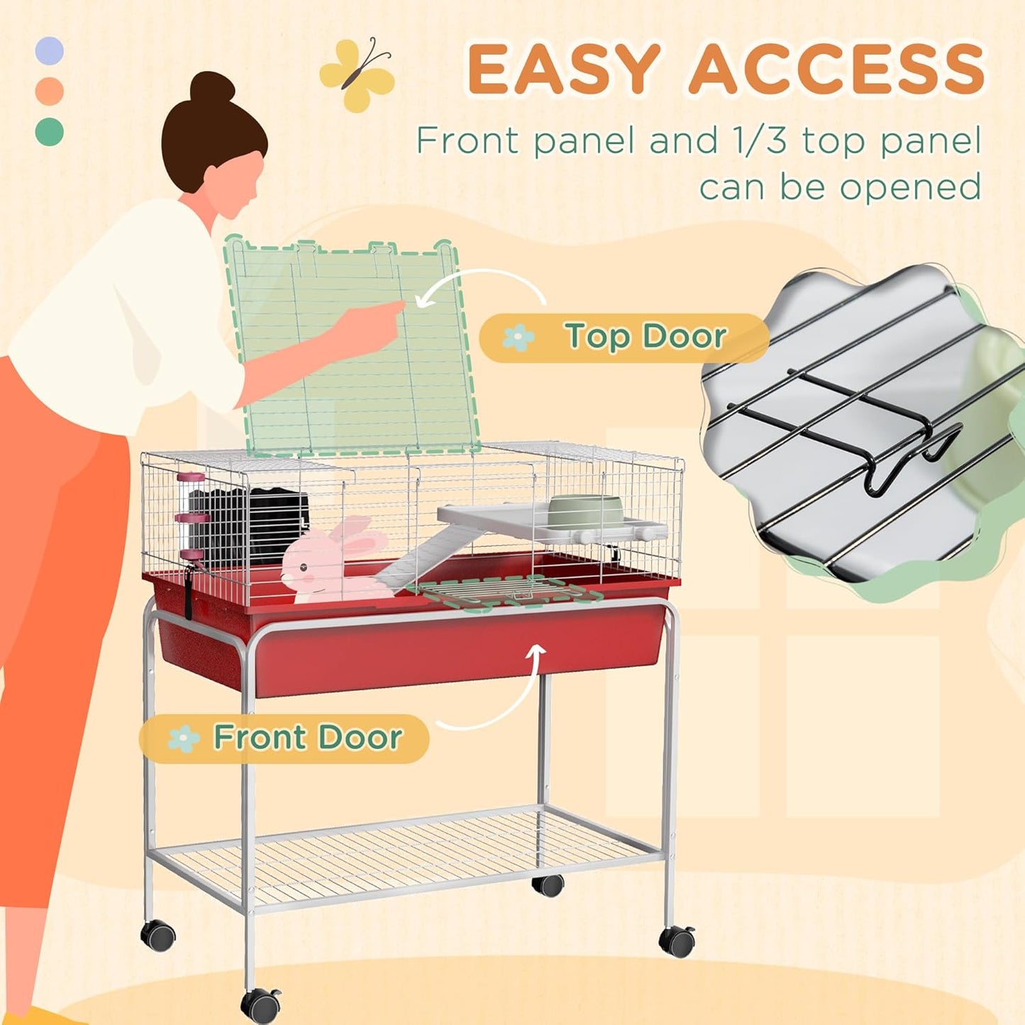 PawHut Two-Story Small Animal Cage Removable from Stand, Guinea Pig Cage with Shelf & Wheels, Pet Habitat for Hedgehog, Chinchilla, Ferret, 33" x 18.5" x 35", Red