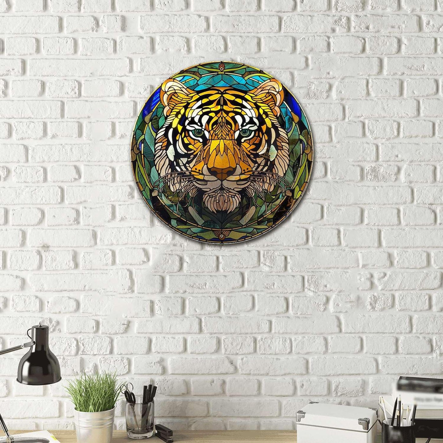 Lygond Metal Sign Tin Sign Circular Stained Glass Tigle Gardening Poster For Garage 12×12 Inches