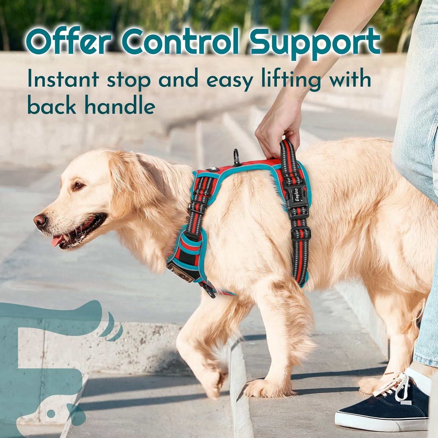 Eagloo Dog Harness for Large Dogs, Easy Wearing with 3 Buckles, Adjustable No Pull Pet Harness with 2 Rings for Walking, No Chock Reflective Soft Padded Vest with Control Handle, Red & Teal, XL