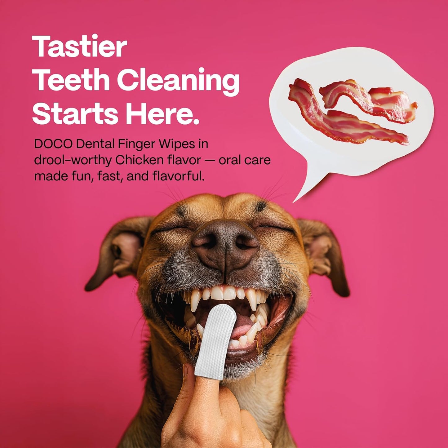 DOCO Dog Teeth Cleaning Wipes Dental Finger Wipes for Cats & Dogs Remove Plaque & Tartar, Freshen Breath, No Rinse, Easy & Effective Pet Tooth Cleaning Kit for Oral Care, Bacon Flavor, 50 Count