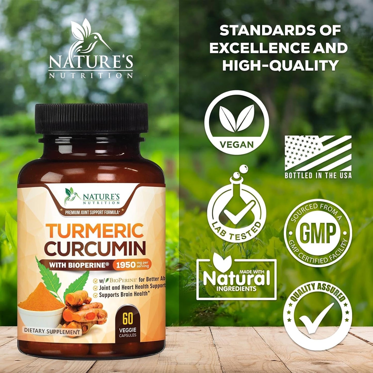 Turmeric Curcumin Supplement 1950mg - 95% Curcuminoids with Organic Turmeric & BioPerine Black Pepper Extract for Best Absorption, Nature's Vegan Joint Support, Non-GMO, Bottled in USA - 60 Capsules