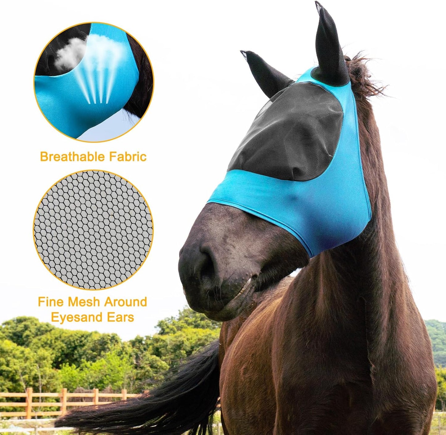 2 Piece Horse Fly Mask with Ears, Comfortable Fit Stretch Fabric Big Eye Space Soft Breathable with UV Protection for Full Horses (Blue-Pink)