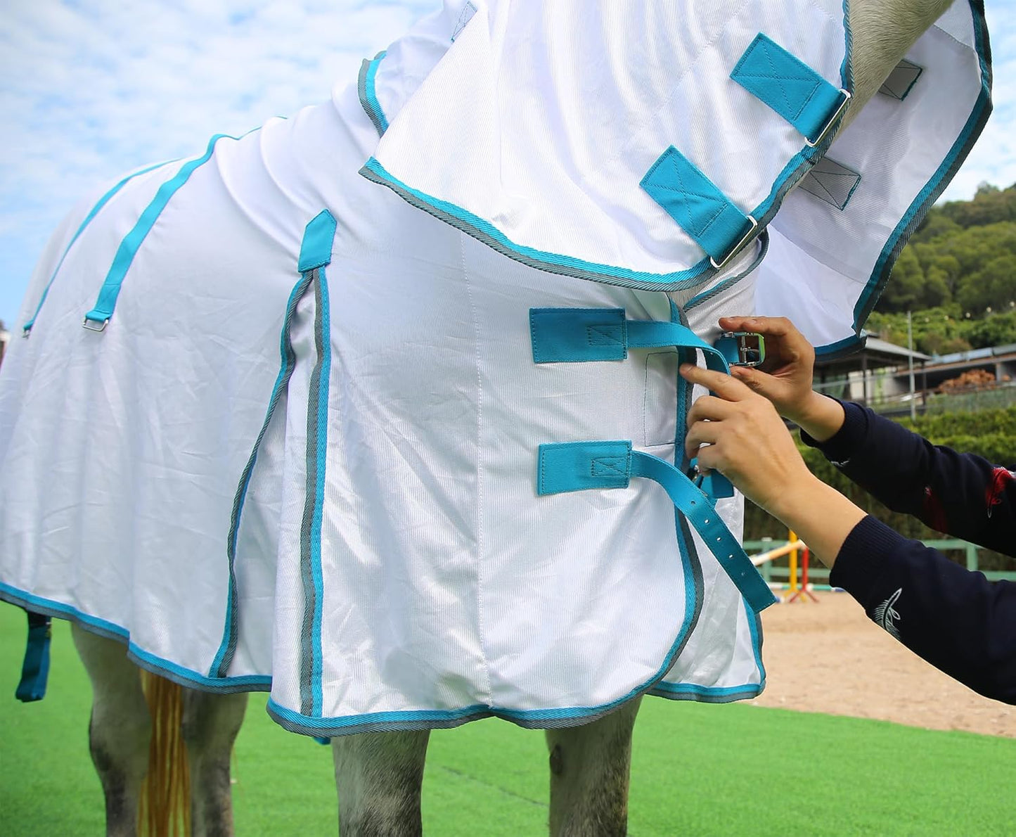 Horse Fly Sheet with Detachable Neck Cover & Belly Wrap, Adjustable Fly Sheet for Horses, Ventilated Airflow Mesh Equine Cooling Summer Flysheet White 69