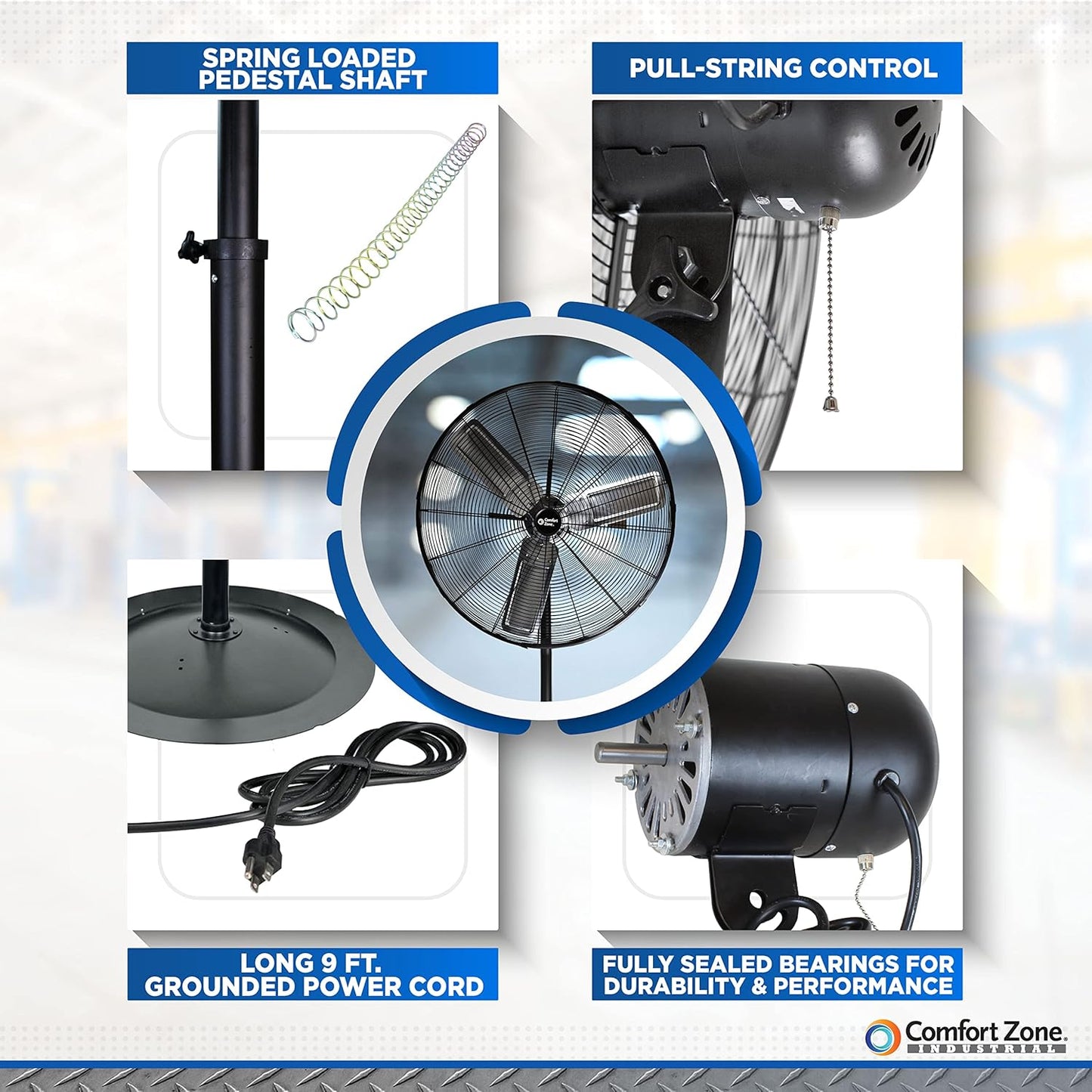 Comfort Zone Industrial Pedestal Fan, 30 inch, 3 Speed, High Velocity, Adjustable Height 56” to 76”, Metal, Meets OSHA Standards, Airflow 36 ft/sec, Ideal for Garage, Workshop or Warehouse, CZHVP30