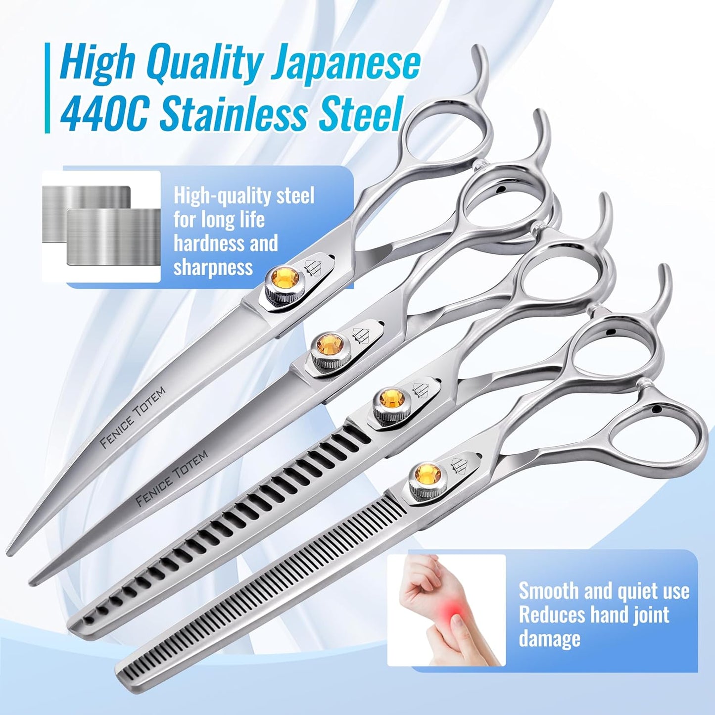 Fenice Professional Dog Grooming Scissors: Shears Set for Dogs Trimming Made Of Japanese 440C Stainless Steel Yellow Diamond