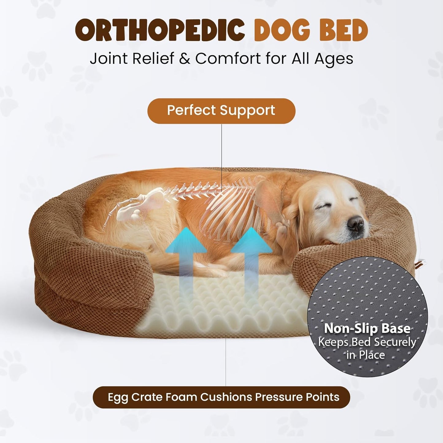 Orthopedic Dog Bed for Large Dogs, Removable Washable Cover, Memory Foam Indestructible Pet Couch for Big Dogs, Sturdy and Cozy Round Bed with Bolstered Sides, Durable Crate Bed, Camel