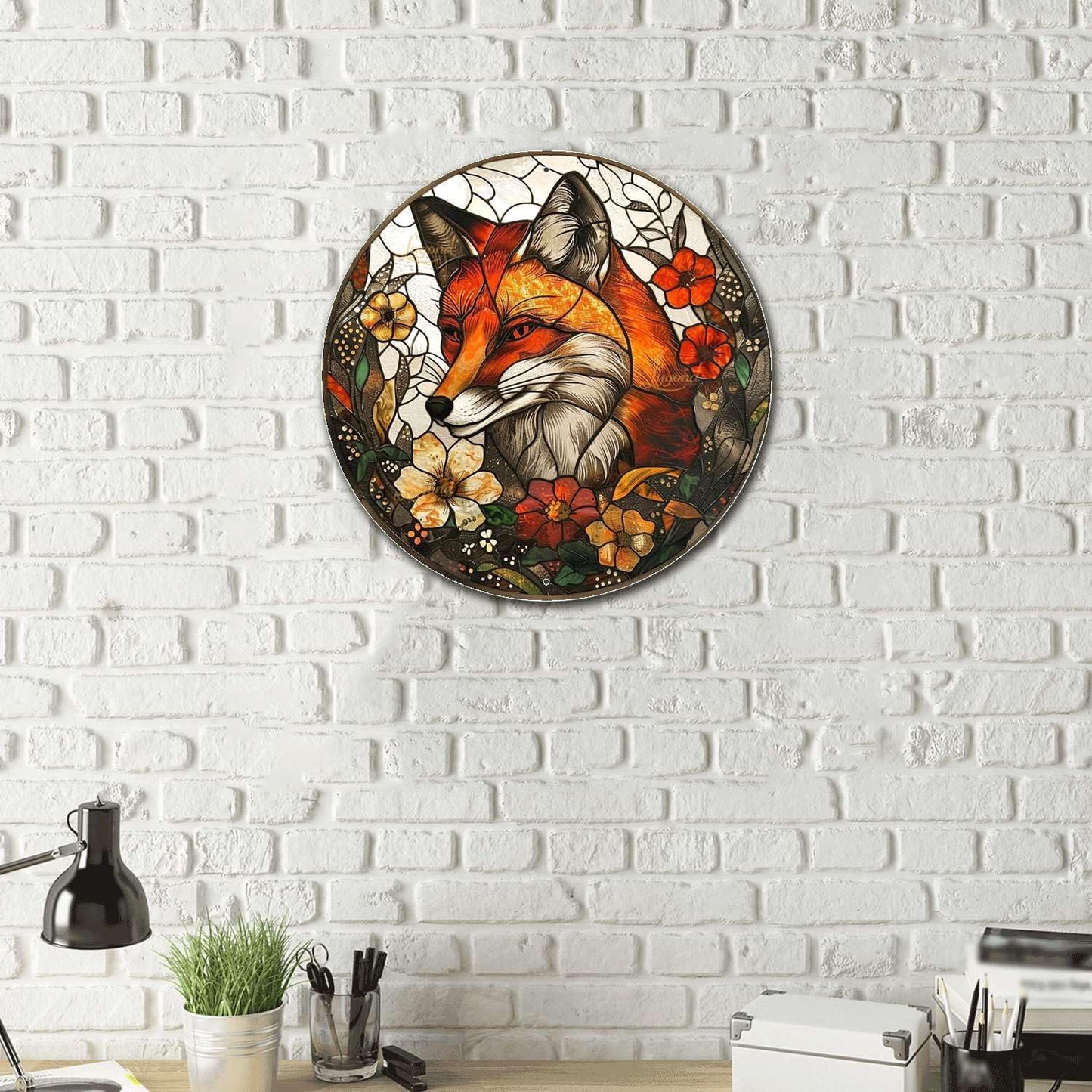 Lygond Metal Sign Tin Sign Circular Stained Glass Fox Boho Bedroom Decorations for Home Decor 8×8 Inches