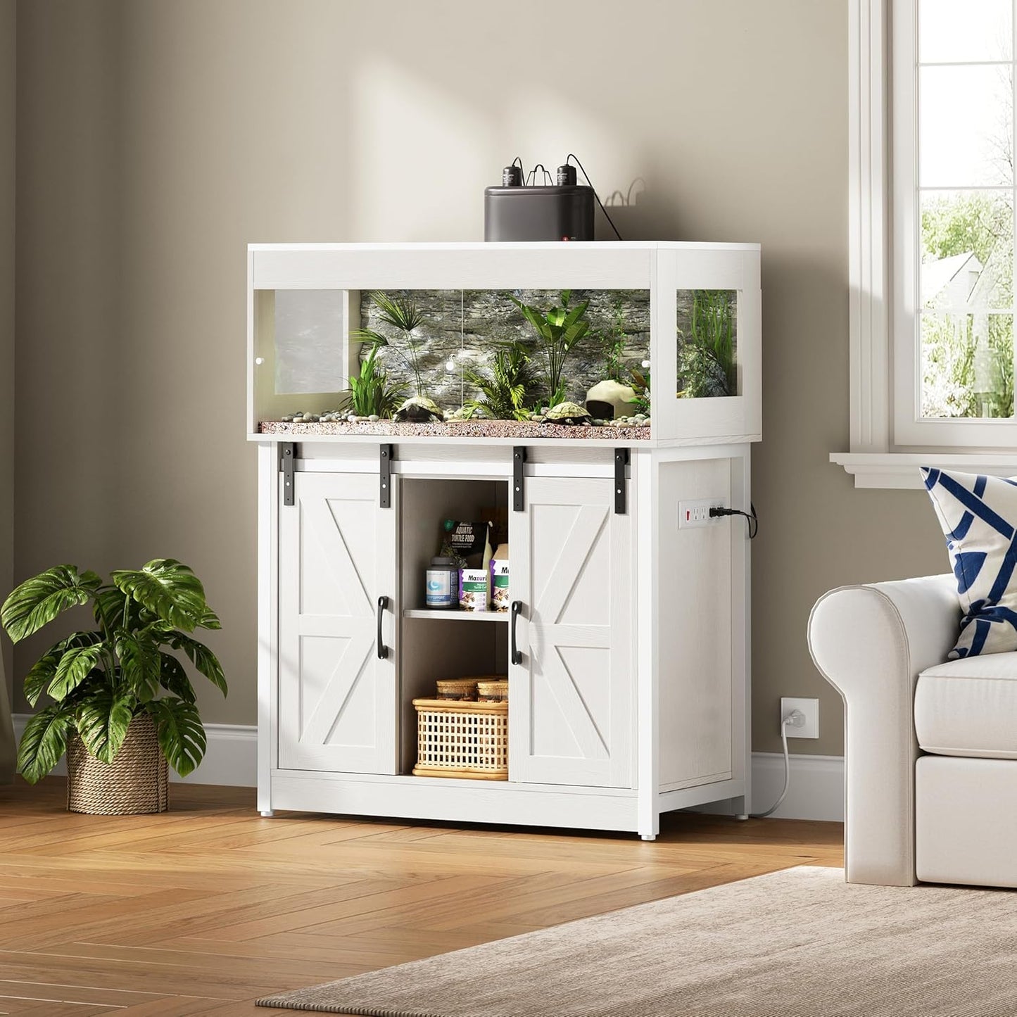 40 Gallon Reptile Terrarium with Stand, Reptile Tank with Barn Door and Storage, Vivarium with Acrylic Doors, Ventilated Mesh Top & Power Outlet, for Geckos, Lizards, Snakes White PX06RTW