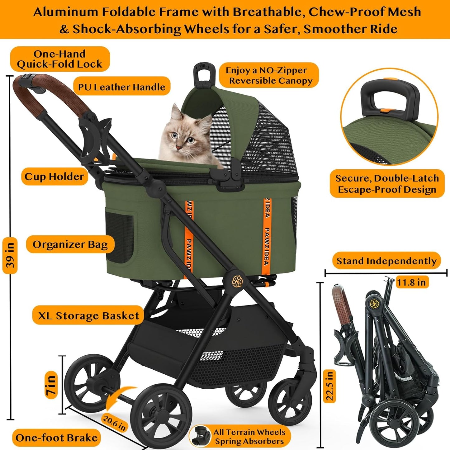 PAWZIDEA Cat Stroller 4 in 1, Pet Stroller for Small/Medium Dogs with Detachable Carrier Easy Lock NO-Zip Canopy, Seatbelt Dog Car Seat, Cozy House, Foldable Dog Jogger Strollers, Large Storage Basket