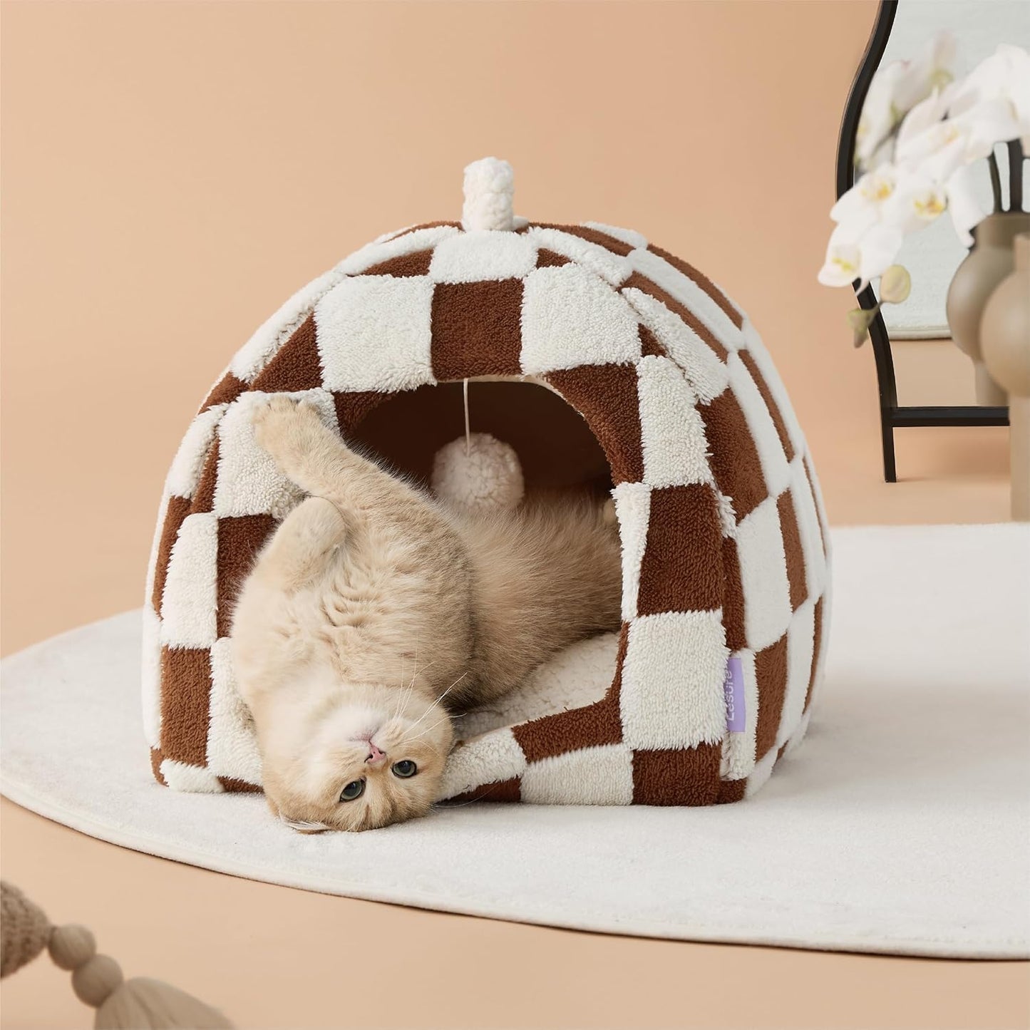 Lesure Cute Cat Beds for Indoor Cats - 2 in 1 Cat Cave Bed for Large Cats, House with Removable Washable Cushioned Pillow, Cozy Tent House with Non-Slip Bottom, Brown, 17.3 inches