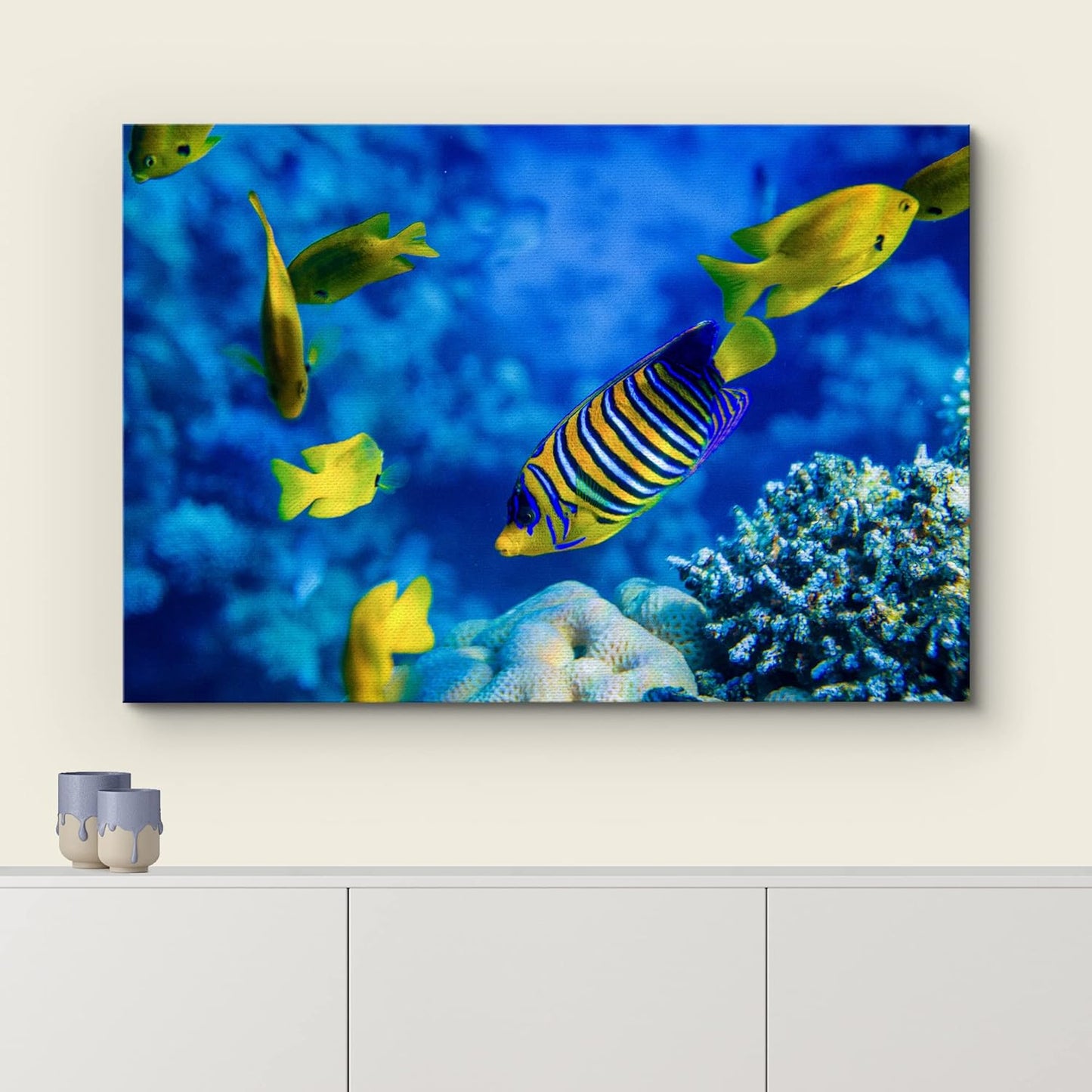 wall26 Canvas Print Wall Art Striped Yellow Tropical Fish Coral Reef Sea Nature Animals Photography Realism Rustic Scenic Landscape Wilderness Colorful for Living Room, Bedroom, Office - 24"x36"