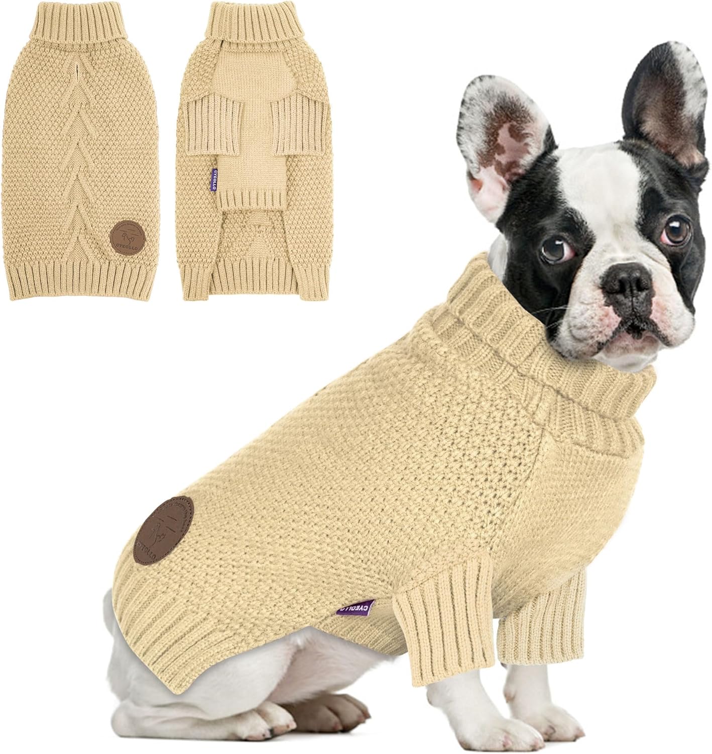 cyeollo Dog Sweater Turtleneck Knitted Sweaters with Leash Hole Winter Dog Clothes Sweaters for Small Dogs, Beige XL