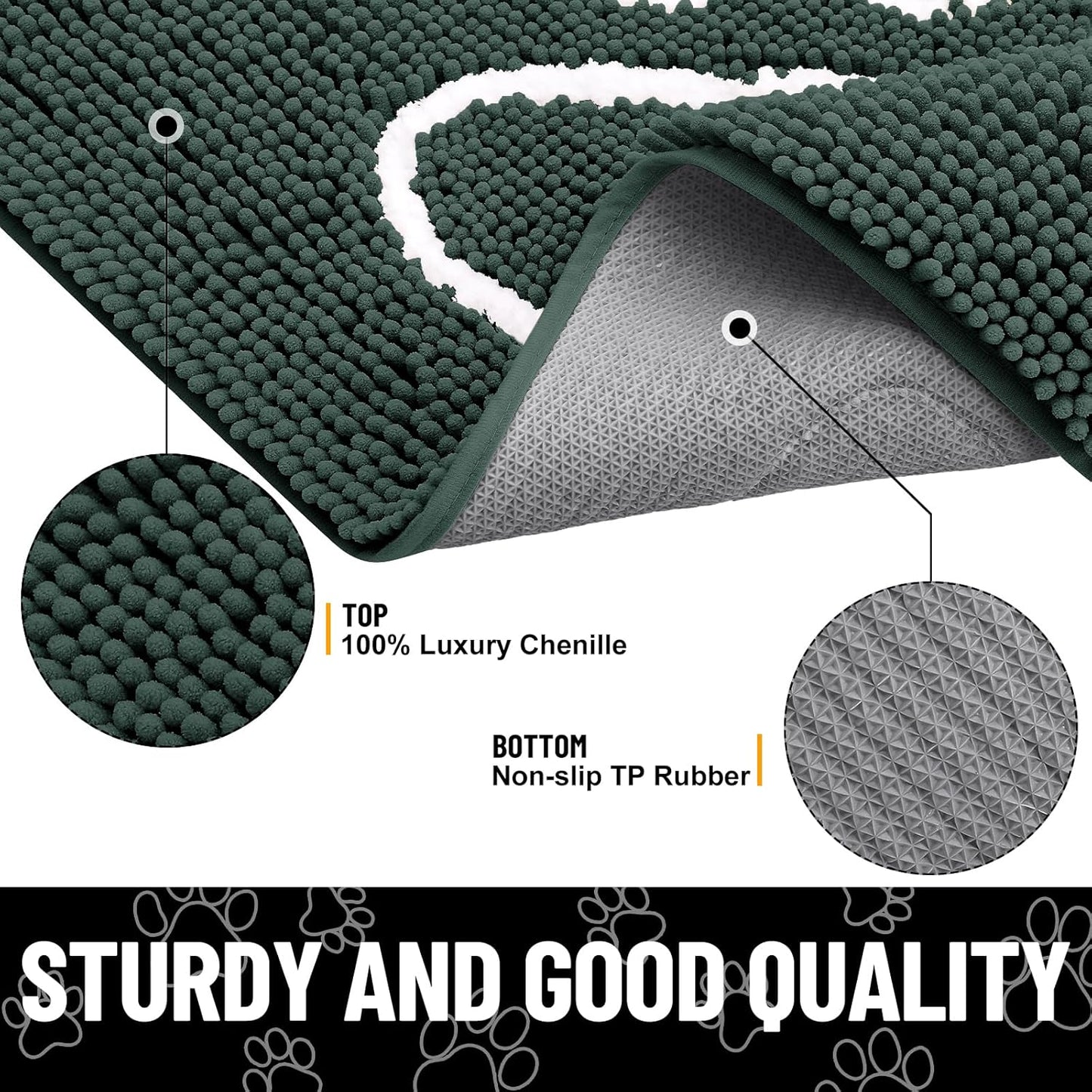 Smiry Dog Door Mat for Muddy Paws, Absorbent Dirt Trapper Non Slip Quick Dry Washable Chenille Mat for Mud Dogs, Entry Rug for Indoor and Outdoor (48x30 Inches, Green)