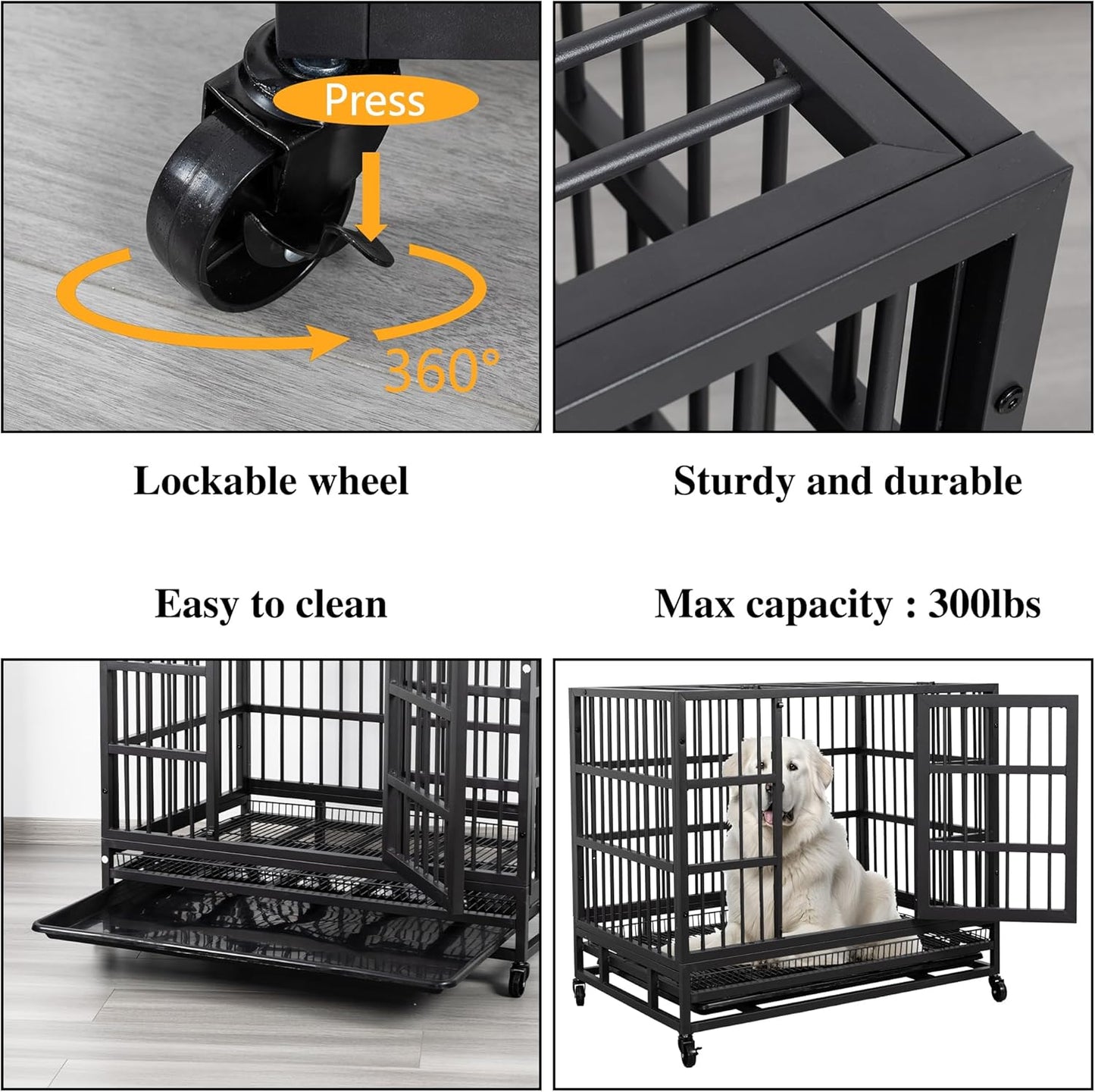 JY QAQA 38 Inch Heavy Duty Indestructible Dog Crate Double Doors Escape Proof Cage Kennel,Enhanced Metal Pet Cage,Extra Large XL XXL Crate Indoor for Large Dog with Removable Tray and Lockable Wheels