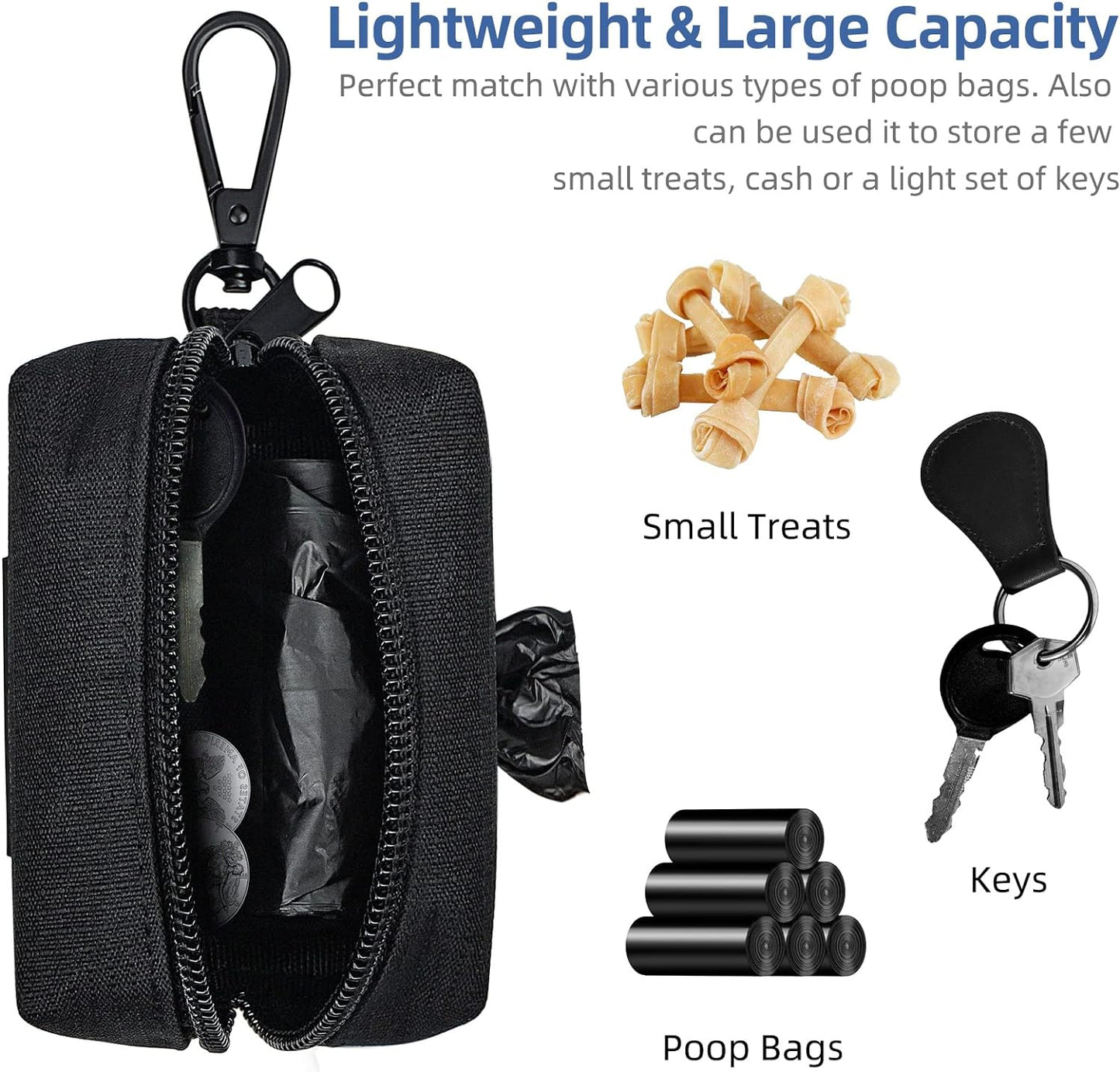 PuppyDoggy Dog Poop Bag Holder for Leash Black Waste Bag Dispenser with 1 Roll of Poop Bags for Leash Accessory Bicycle