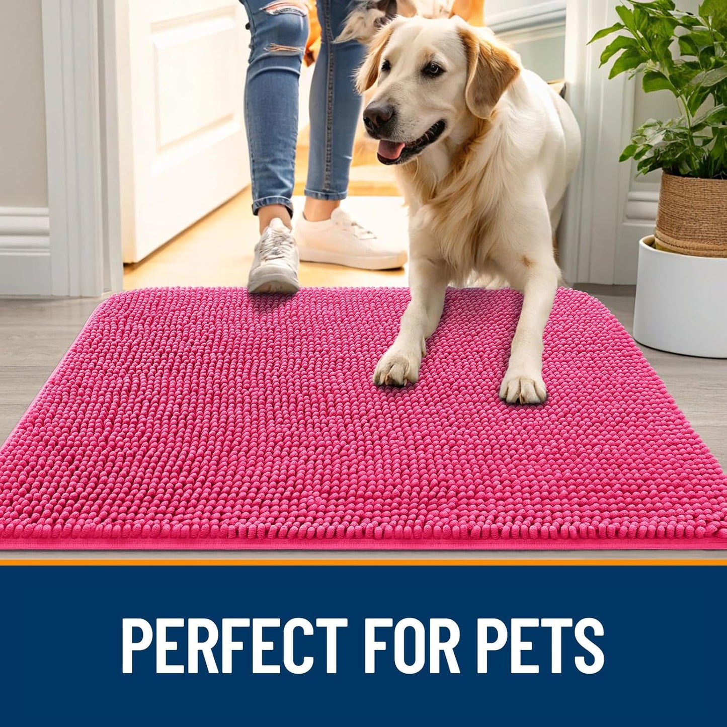 OLANLY Dog Door Mat for Muddy Paws 47x20, Absorbs Moisture and Dirt, Absorbent Non-Slip Washable Doormat, Quick Dry Chenille Mud Mat for Dogs, Entry Indoor Entryway Carpet for Inside Floor, Hot Pink
