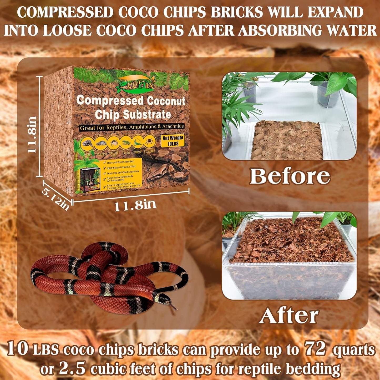 ZeeDix 10LB Coco Fiber Chips Substrate for Reptiles, 72 Quart Coconut Fiber Husk Substrate Mulch Coco Chips Bricks Reptiles Bedding for Geckos, Lizards, Tortoises, Ball Python, Frogs