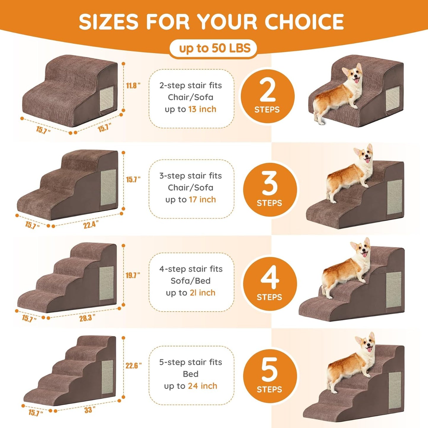 Pet Stairs, Dog Stairs for Small Dogs, Dogs Steps, 3-Step Curved Dog Ramp for Bed, Couch, Sofa, Car and Chair, Non-Slip Bottom Design, Cat Scratching Board, High Density Foam Portable Pet Step, Coffee