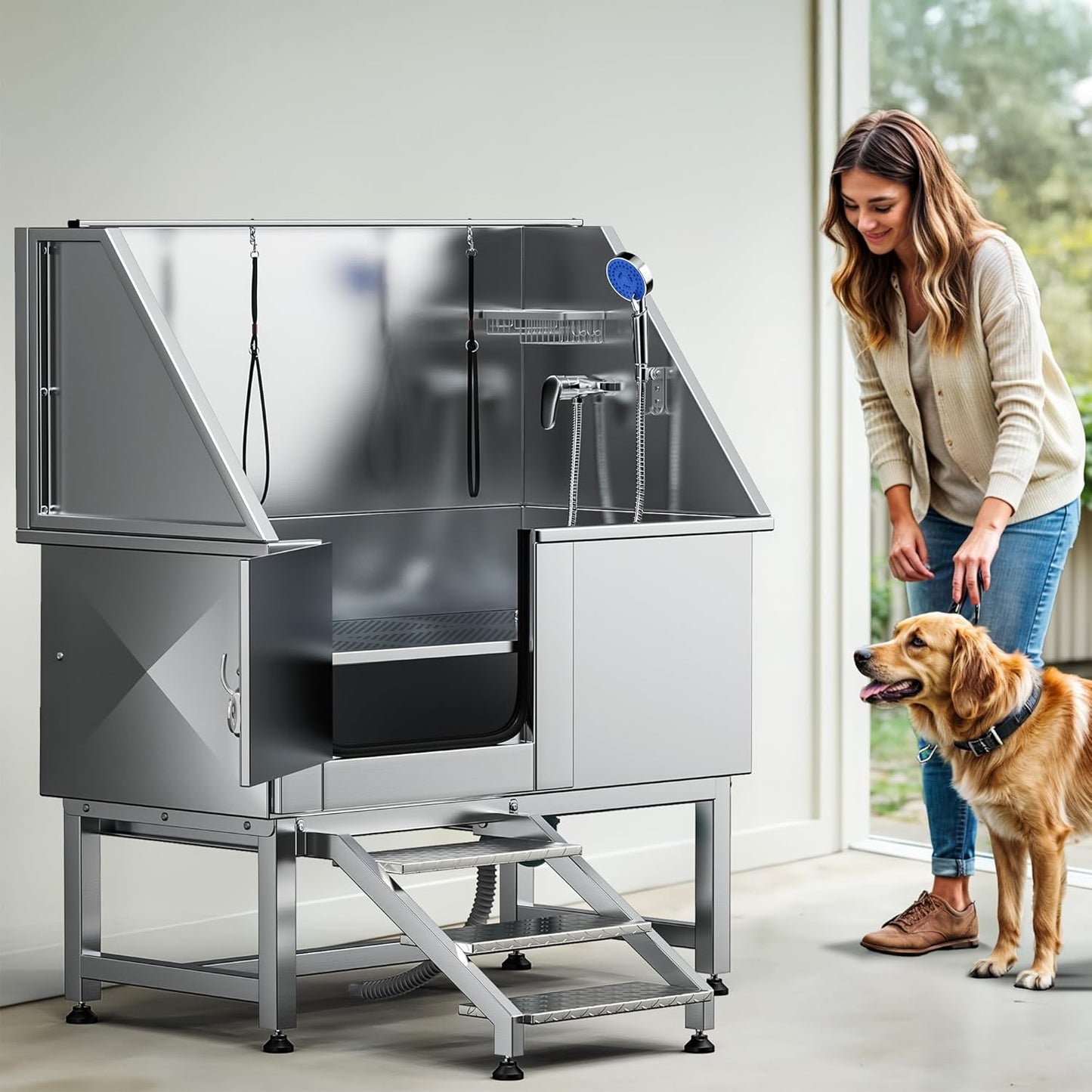 DWVO Professional Pet Dog Bathing Station for Grooming, 50'' Dog Grooming Bathtub with Left Stairs, Floor Grate, Faucet, Showerhead & Soap Holder for Large, Medium & Small Pets