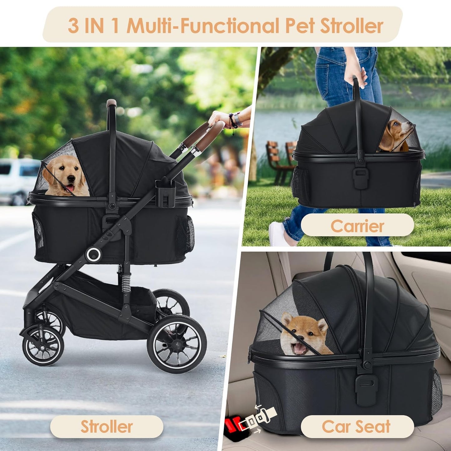 Pet Stroller with 4 Wheels, 3 IN 1 Folding Puppy Strollers for Small/Medium Dogs Cats up to 50lbs, Lightweight Pet Travel Carrier with Detachable Cushion, Storage Basket and Cup Holder, Black
