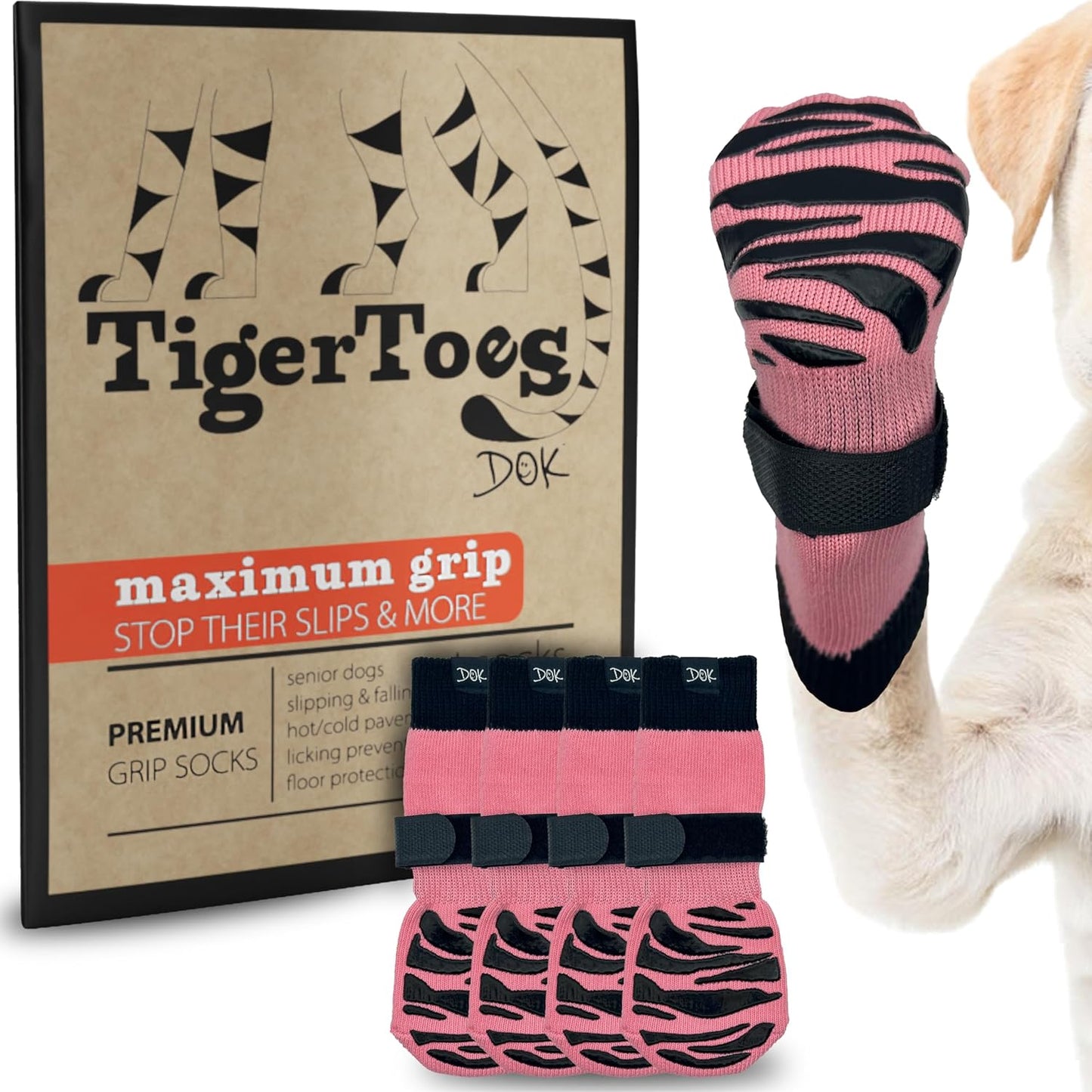 DOK TigerToes Premium Non-Slip Dog Socks for Hardwood Floors - Extra-Thick Grip That Works Even When Twisted - Prevents Licking, Slipping, and Great for Dog Paw Protection (Sassy Pink, X-Small)