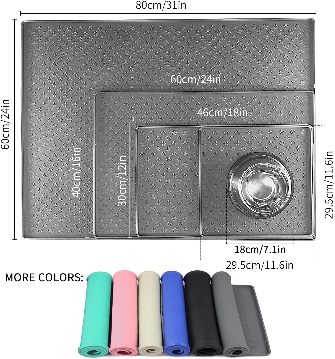 Ptlom Grey Pet Placemat for Dog and Cat, Waterproof Anti-Slip Pet Feeding Bowl Mats for Food and Water, Small Medium Large Tray Mat Prevent Residues from Spilling to Floor, Silicone, 31.5" 23.6"