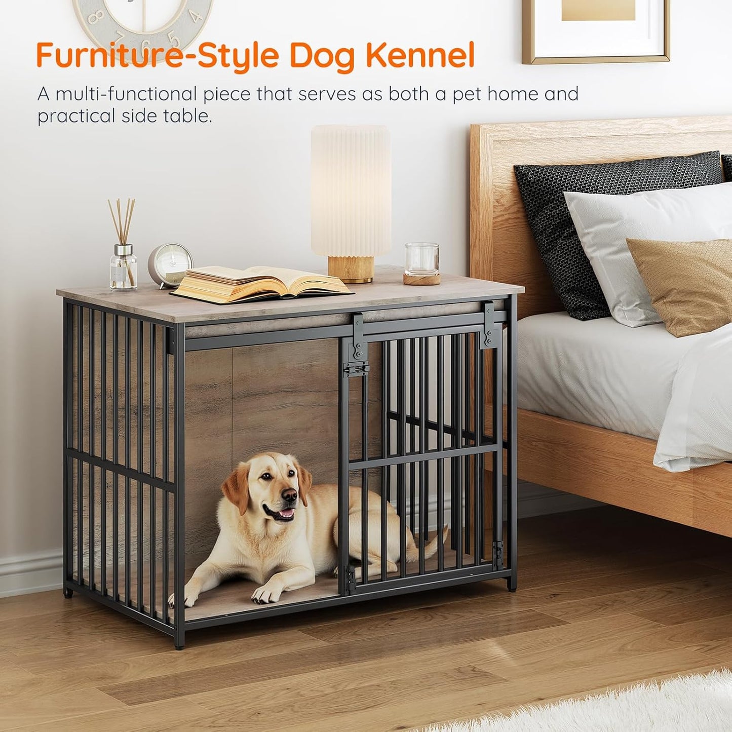 HOOBRO Dog Crate Furniture, 36.6" Heavy Duty Dog Kennel with Sliding Barn Door, Wooden Dog Cage Indoor, Decorative Side End Table for Small/Medium Dogs, Greige and Black GY162GW03G1