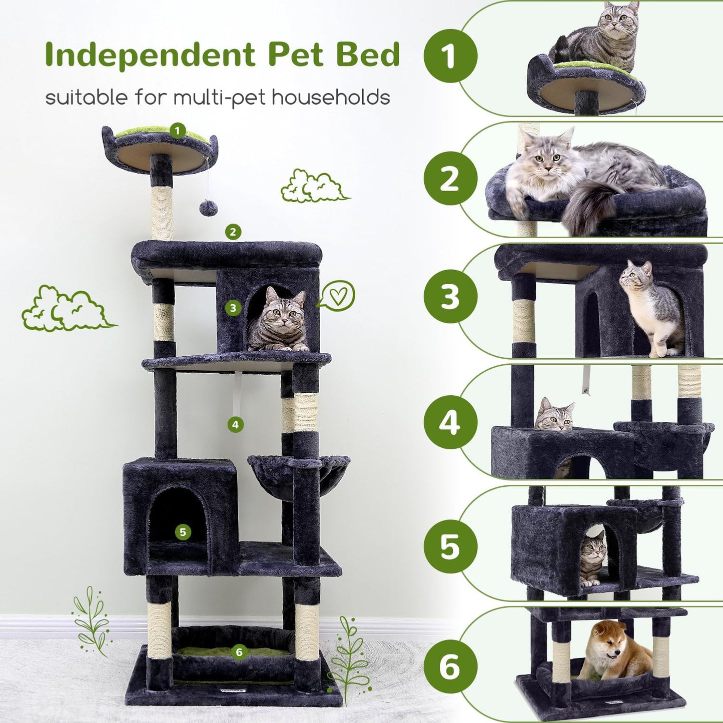 Globlazer Heavy Duty Cat Trees for Large Cats, Sturdy 72in Maine Coon Cat Tree for Large Cats 20 lbs+ Heavy Duty Cat Tower for Adult Biggest Cat with 6 Scratching Posts, Hammock, S72, Dark Gray