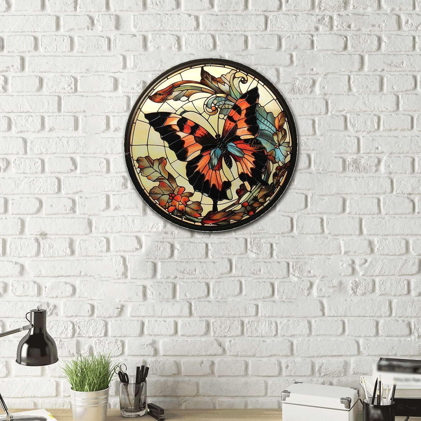 Lygond Metal Sign Tin Sign Circular Stained Glass Butterfly Decor Outdoor for Restaurant 8×8 Inches