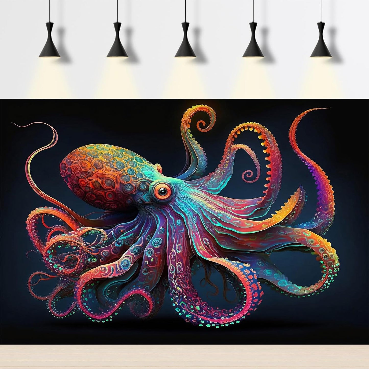 Exquisite Octopus Aquarium Background Abstract Colorful Octopus Terrarium Background Glowing Octopus on Black Background Fish Tank Backdrop Octopus Backdrops Poster Wallpaper Decors Vinyl 36x20in