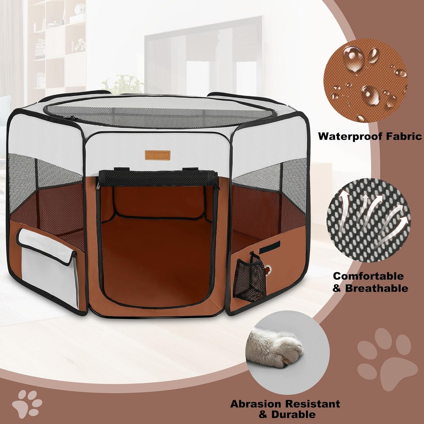 Dog Playpen, Portable Pet Play Pen for Cat, Puppies, Rabbits, Chickens, Foldable Large-Capacity Pet Tent for Indoor/Outdoor Travel Camping Brown