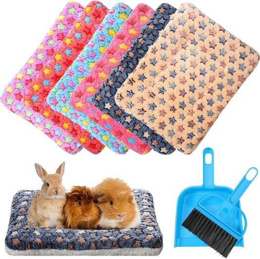 Yulejo 6 Pieces Guinea Pig Bed Mats with Cleaning Dustpan Brush Washable Plush Cage Lines Soft Fleece Sleeping Bedding Pads for Hamster Bunny Chinchilla Squirrel Small Animals (Cool Color, Star)