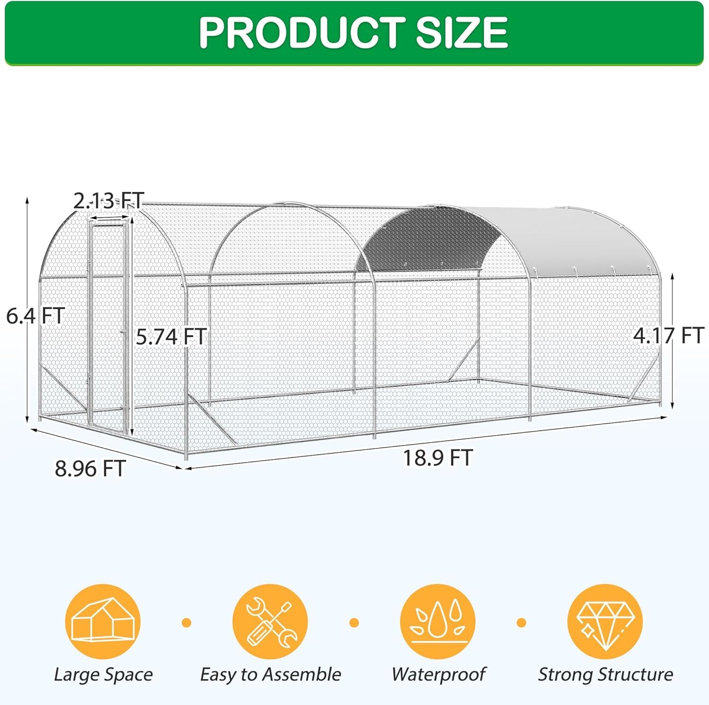 Large Metal Chicken Coop, Walk-in Chicken Run Pen with Waterproof Cover, Dome Roof Poultry Cage for Outdoor, Backyard, Farm (8.96'Wx18.9'Lx6.4'H)