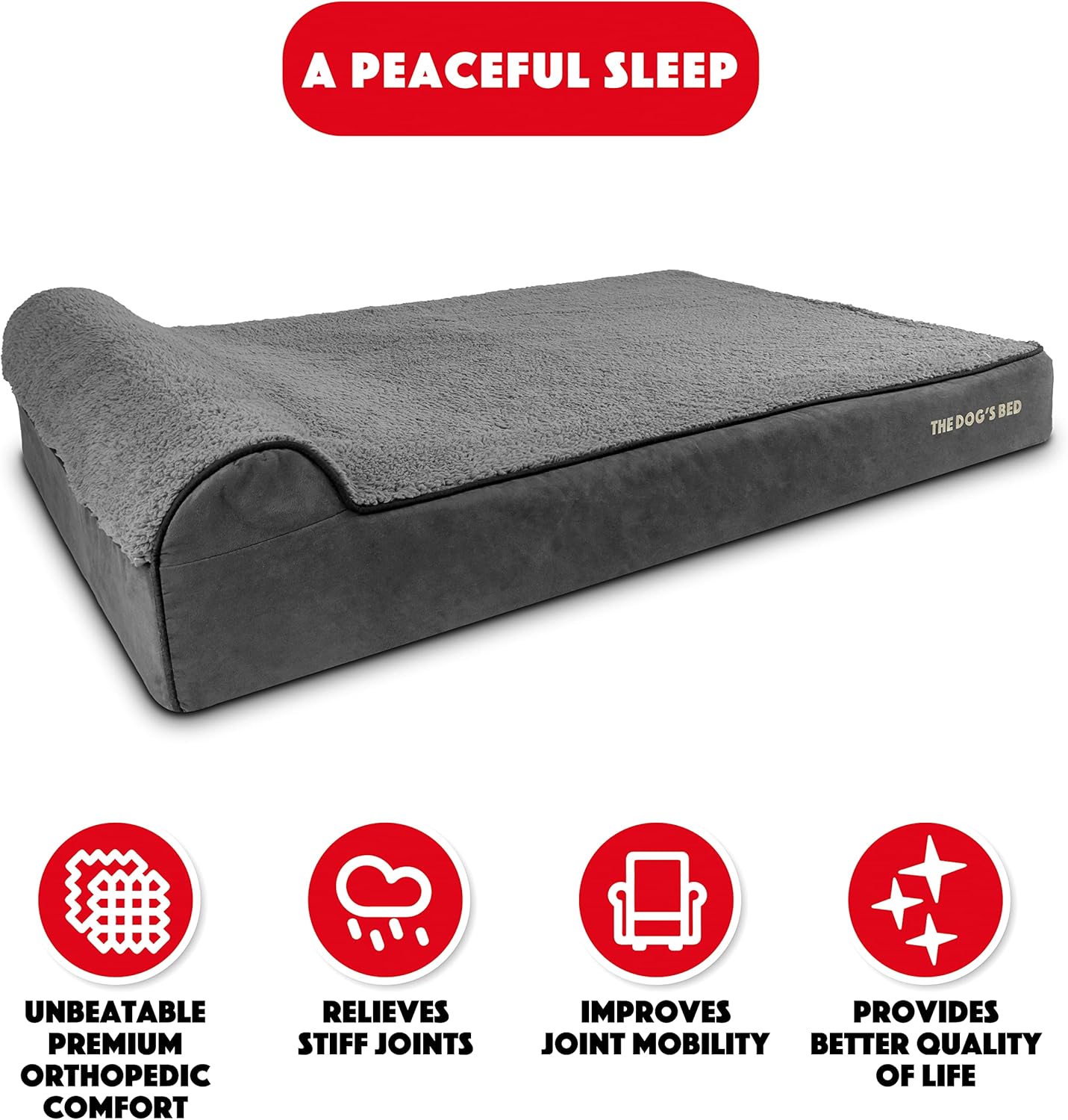 The Dog’s Bed Orthopedic Headrest Dog Bed XXL Grey Plush 54x36, Memory Foam, Pain Relief for Arthritis, Hip & Elbow Dysplasia, Post Surgery, Lameness, Veterinary Approved, Waterproof Washable Cover